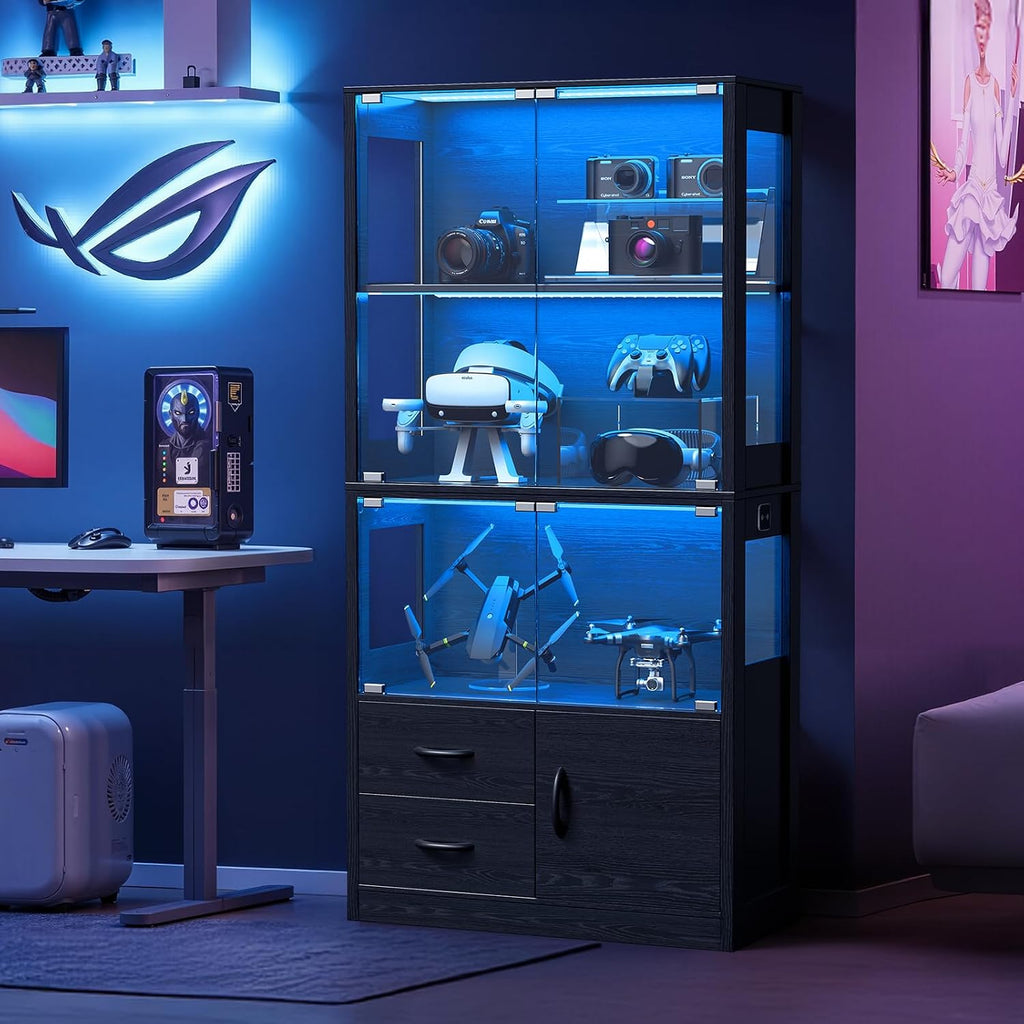Display Cabinet with Glass Doors, 4-Tier Display Case with 3-Color Lights & Human Body Sensor, Storage Cabinets with 3 Shelves & 2 Drawers for Collectibles/Living/Dining/Game Room, Black Oak