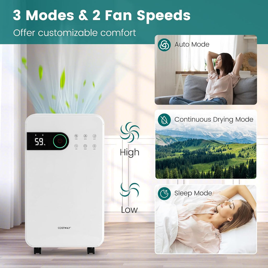 COSTWAY 2,500 Sq. Ft Dehumidifier for Basement, 32 Pints Home Dehumidifier with Wheels, Sleep Mode, 24H Timer, 3-Color LED Indicator Light & Child Safety Lock