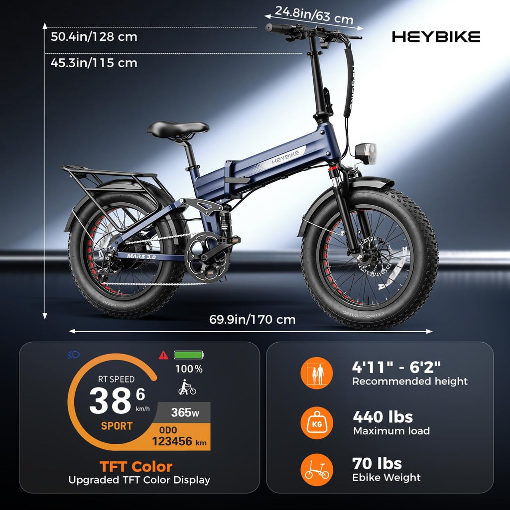 Heybike Mars 2.0/3.0 Foldable Electric Bike, UL2849 Certified, 70+Miles Long Range, 1400W/1800W Peak Motor 32MPH, 624WH Removable Battery, 20'*4 Fat Tire Ebike for Snow, Commute, Full Suspension