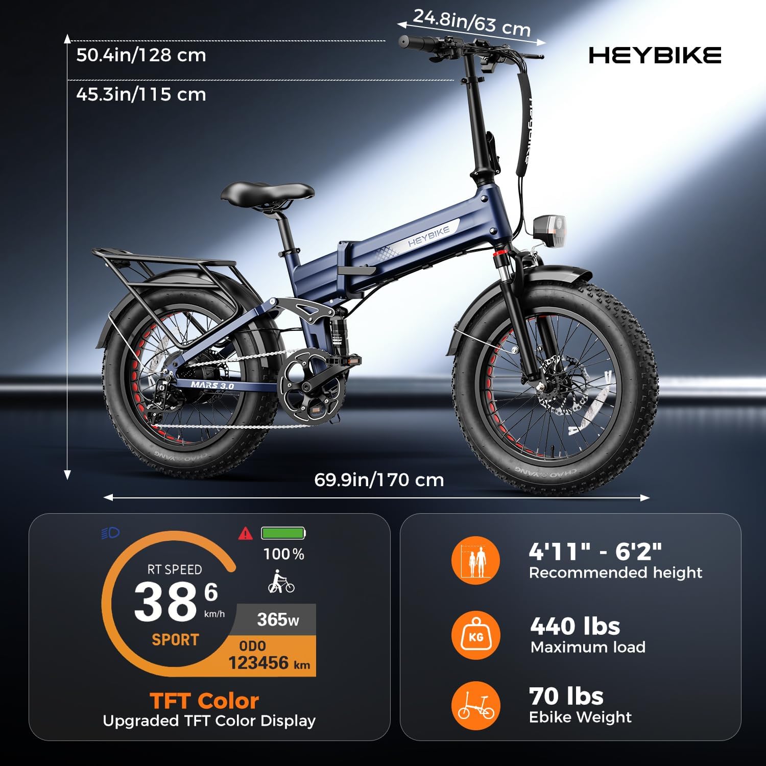 Heybike Mars 2.0/3.0 Foldable Electric Bike, UL2849 Certified, 70+Miles Long Range, 1400W/1800W Peak Motor 32MPH, 624WH Removable Battery, 20'*4 Fat Tire Ebike for Snow, Commute, Full Suspension