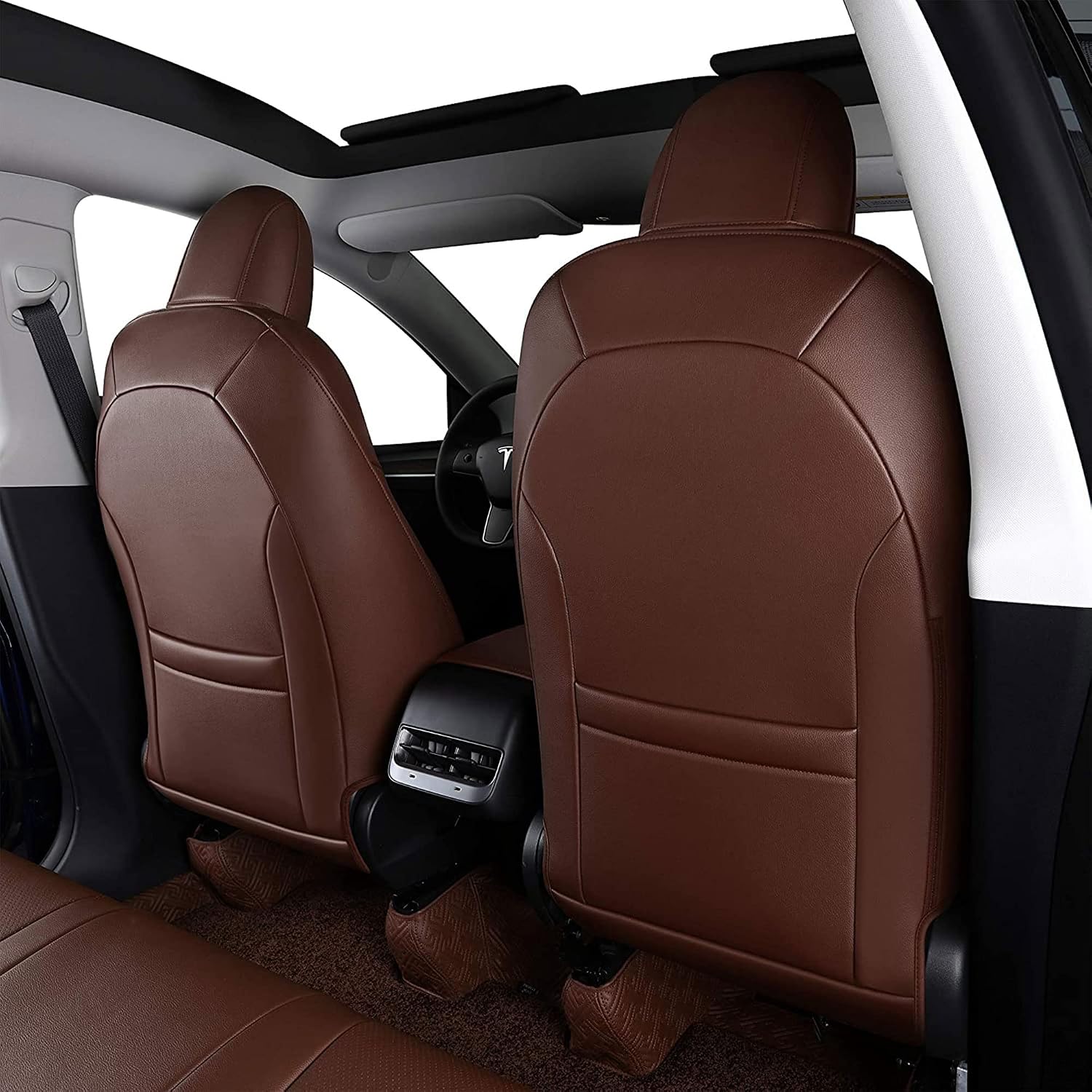 Seat Cover Custom Fit for Tesla Model Y 5 Seat Synthetic Leather Car Seat Cushion Protector for 2020 2021 2022 2023 2024 Customized (Lichi Brown Model Y)