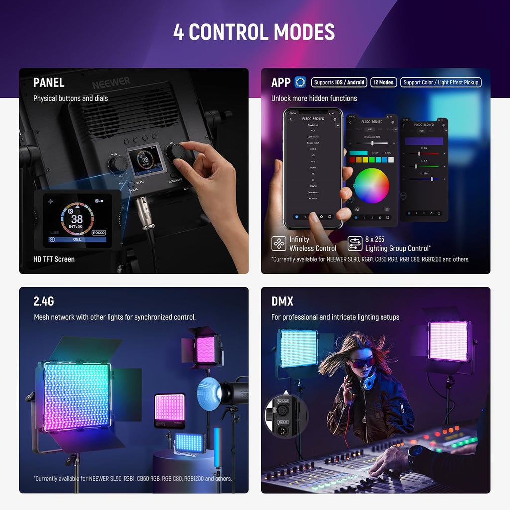 NEEWER 2 Pack PL60C RGB LED Panel Video Light Kit with 6.6ft/2m Spring Cushioned Tripod Stands/Bag, APP/2.4G/DMX Control, 60W 2500-10000K Pro Photography Studio Recording Streaming Key Lighting