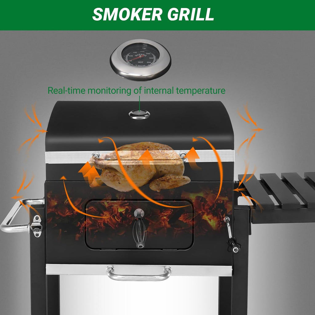 ROVSUN Charcoal Grill with Side Tables, Large Cooking Area, Individual Lifting Charcoal Trays, Pull-Out Ash Tray, BBQ Grill for Outdoor, Picnic, Backyard, Parties
