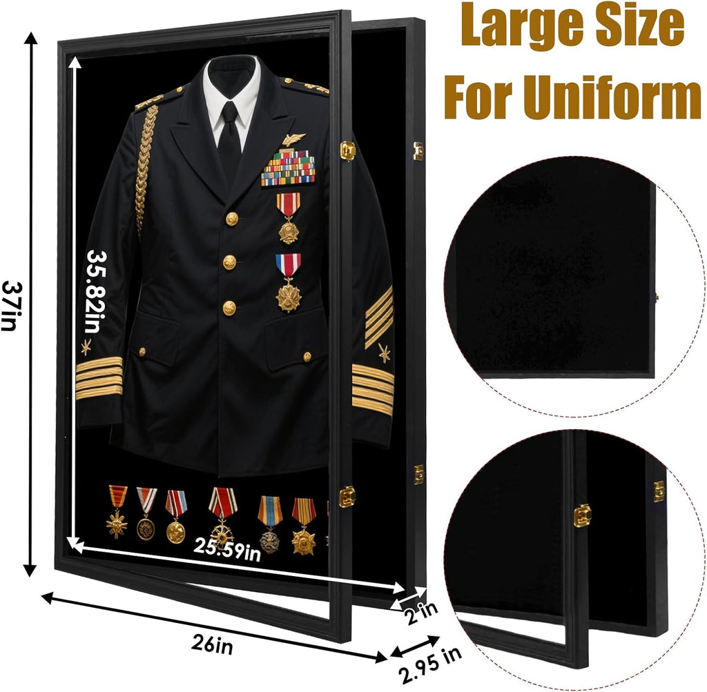 Military Uniform Shadow Box, Police Uniform Display Frame, Clear Acrylic Surface Shadow Box with Hanger and Lock for Military Uniforms, Jerseys, Hanging Badges and Medals Flag （35.82x25.59x2）