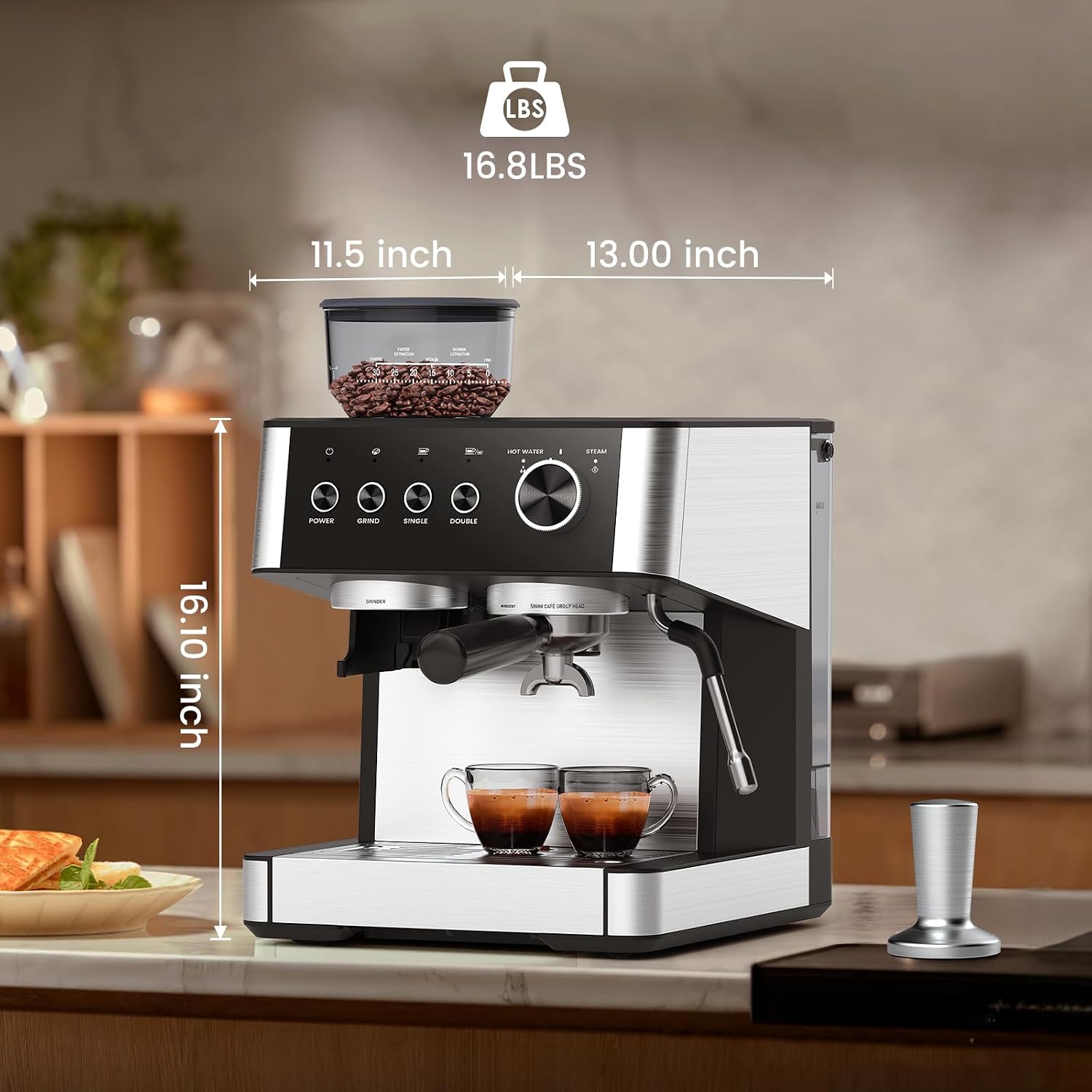 Joy Pebble 15 Bar Espresso Machine with Grinder & Milk Frother, All-in-One Coffee Maker for Home Baristas, 30-Position Grinder, 2.9L Removable Tank,for Cappuccino Latte