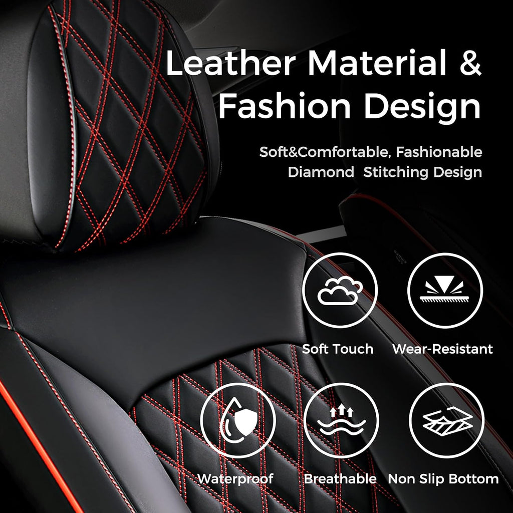 Huidasource Front Seat Covers, Full-Cover Leather Driver Seat Cover, Side Stretch Fabric, Car Interior Front Seat Cover Universal Fit for Most Cars, Most Cars,Vans,Trucks, SUVs (Front Pair/Black&Red)