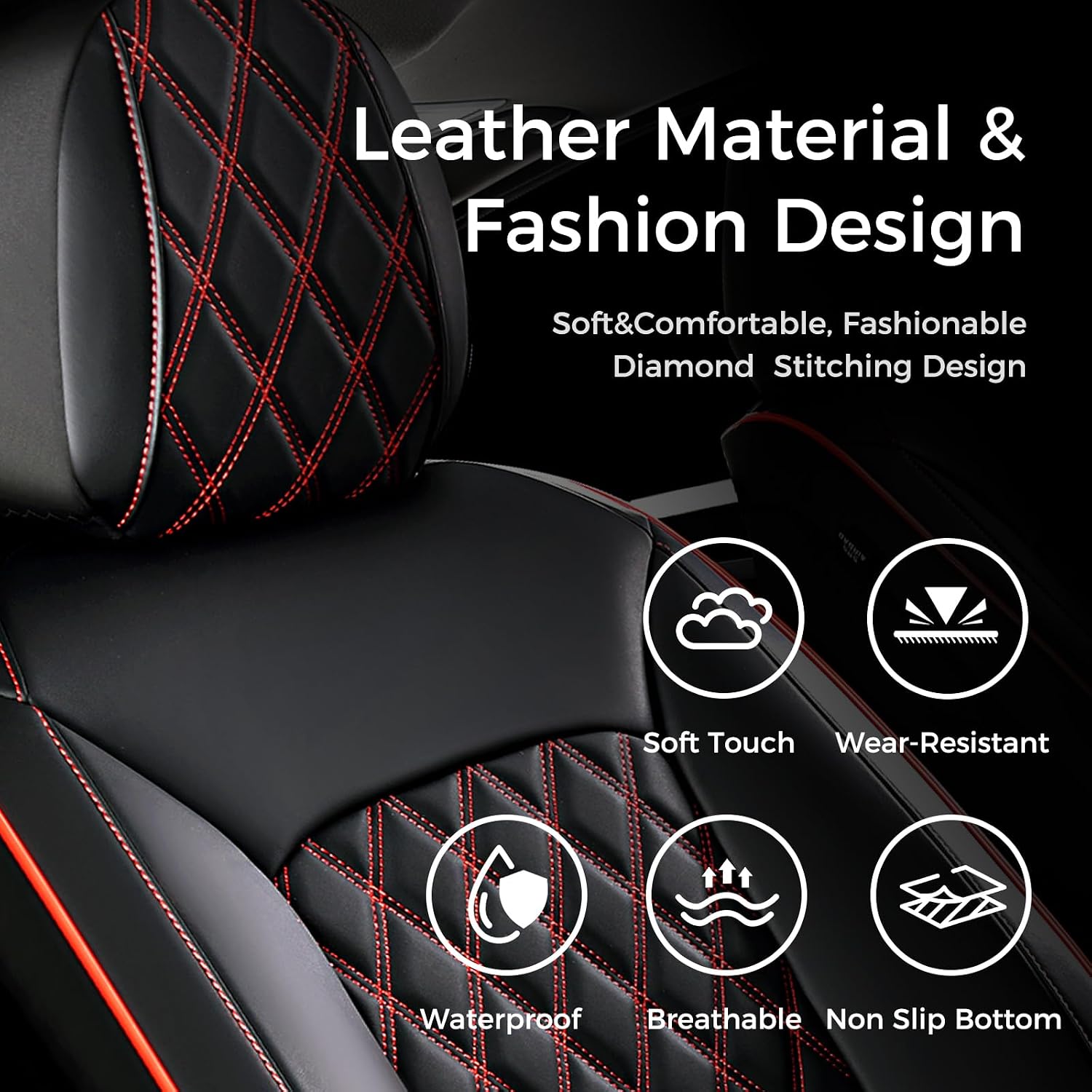 Huidasource Front Seat Covers, Full-Cover Leather Driver Seat Cover, Side Stretch Fabric, Car Interior Front Seat Cover Universal Fit for Most Cars, Most Cars,Vans,Trucks, SUVs (Front Pair/Black&Red)