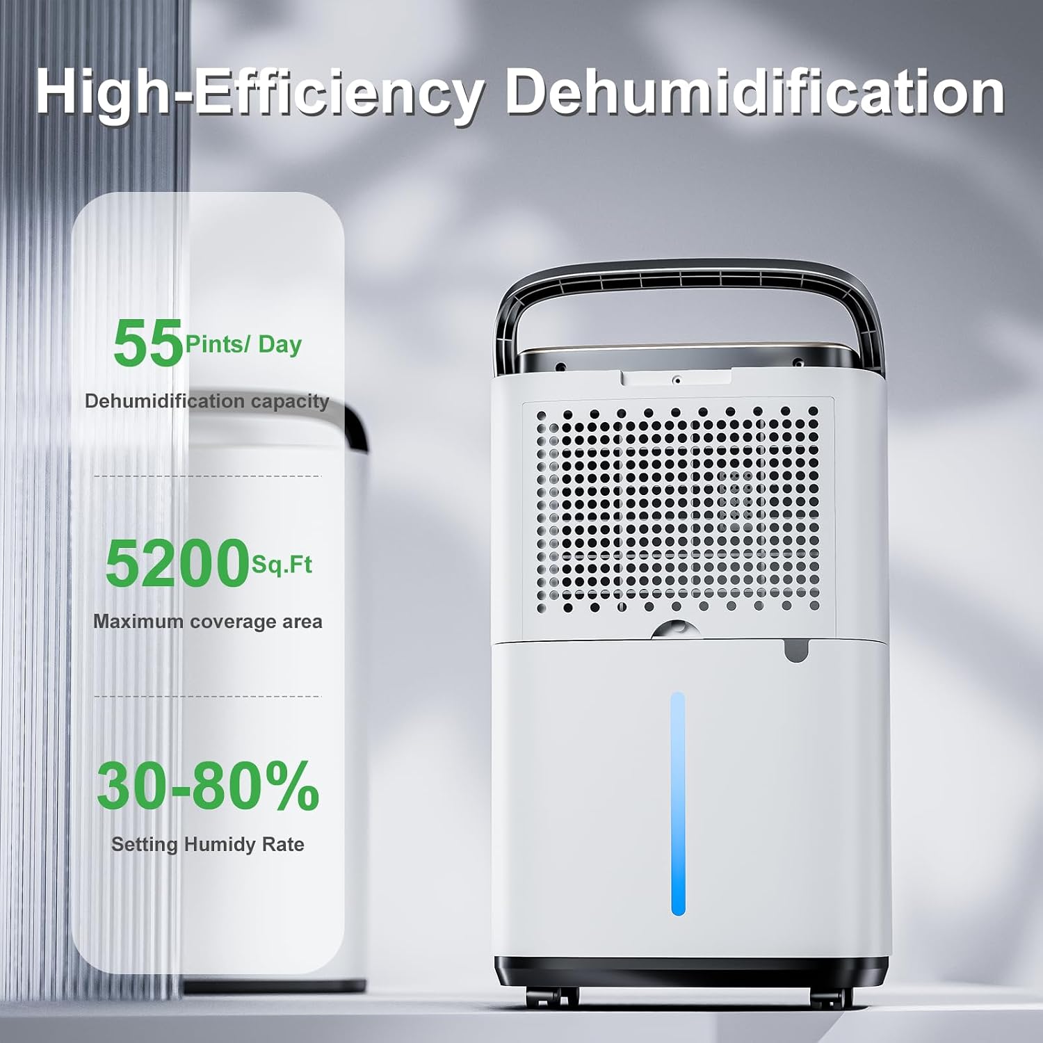 55 Pint Portable Dehumidifier with Drain Hose for Basements, 5,200 Sq. Ft. Dehumidifiers Auto Drain or Manual Drainage, Quiet Dehumidifier for Home with 6L Water Tank
