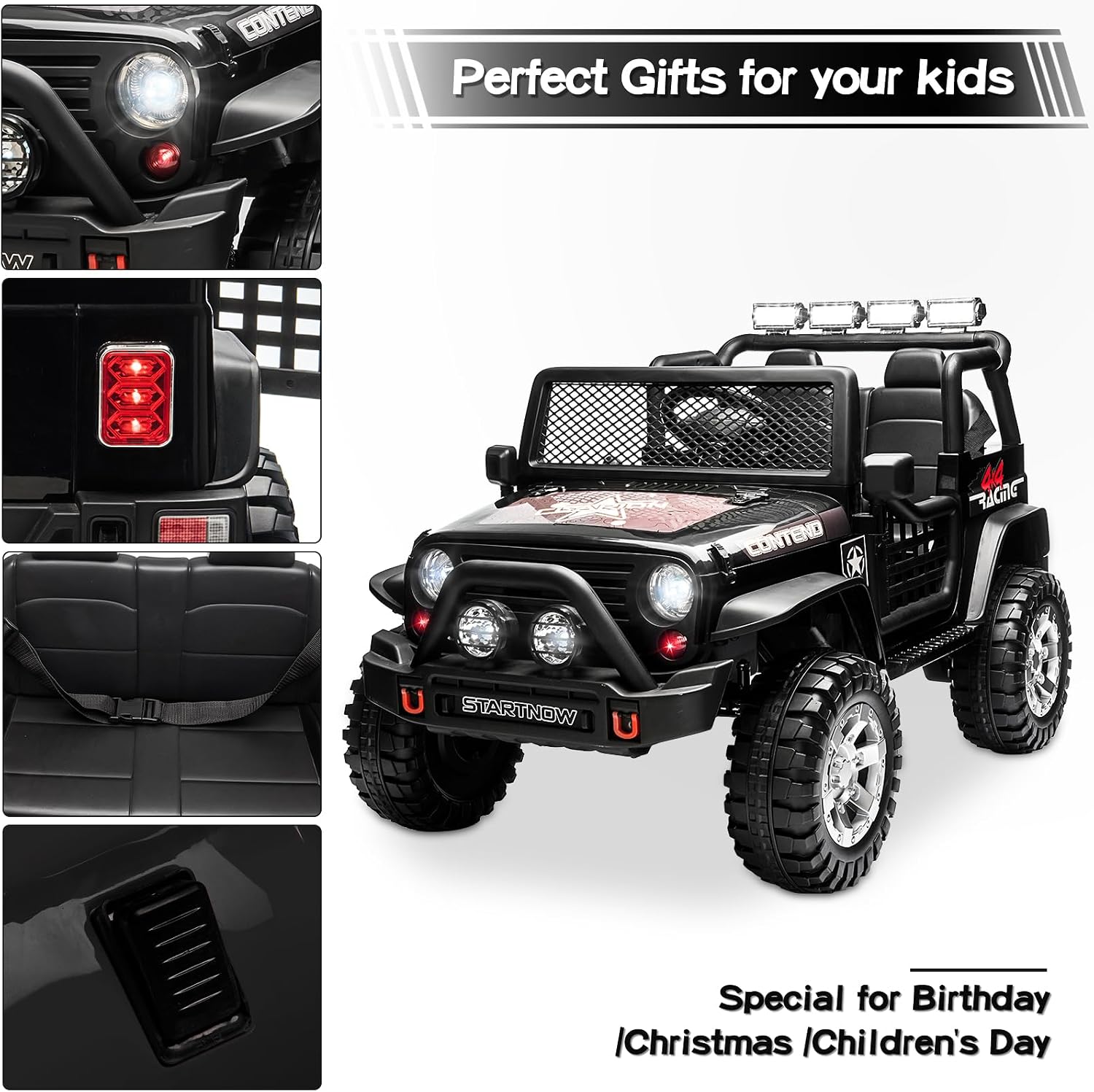 SEHOMY 2-Seater Kids Electric Car, 12V Truck Power Wheels with Remote Control - 110LBS Max Load, 19'' Wide Seat, Spring Suspension, Music, Battery Powered Kids Ride on Car Black Vehicles for Boy Girl