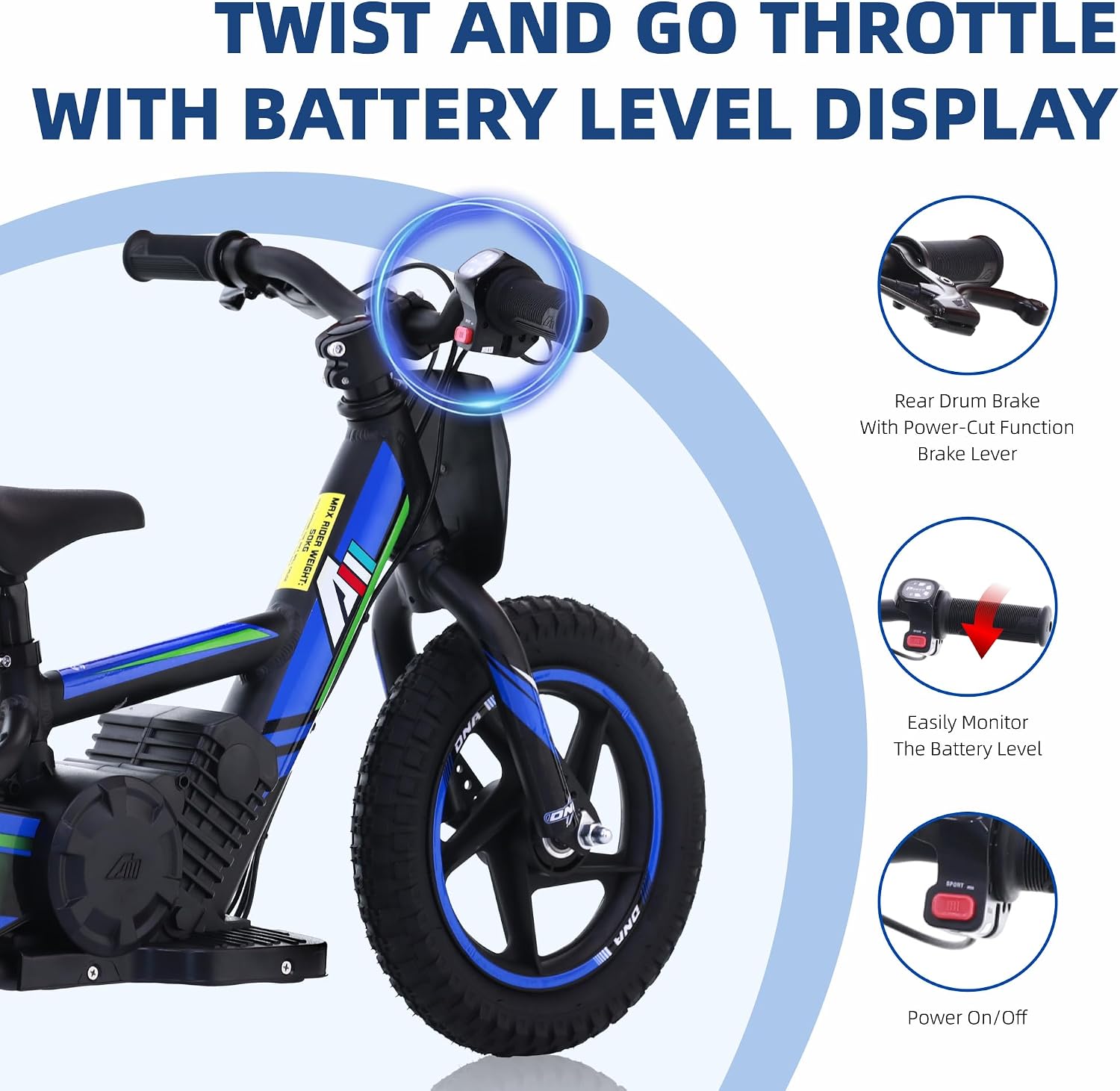 AIII Lightweight Electric Dirt Bike for Kids, 170/340W Electric Motorcycle Up to 10/12MPH, 24V Detachable Battery, Hand-Operated Dual Brakes Electric Balance Bike for Ages 3-6/5-12