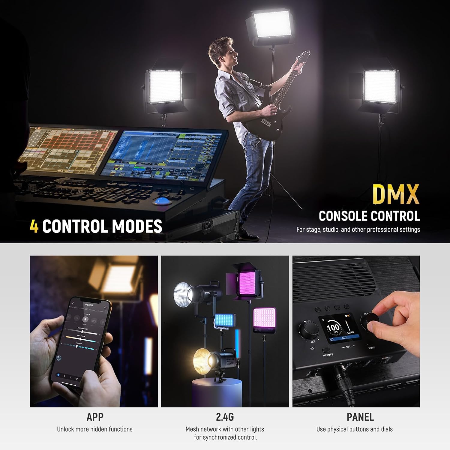 NEEWER Bi Color LED Panel Video Light APP/2.4G/DMX Control, 60W 26600Lux/0.5m 2500K-8500K 13 Scenes V Battery Powered, Lighting for Studio Photography Outdoor Photo Recording Makeup Streaming, PL60B