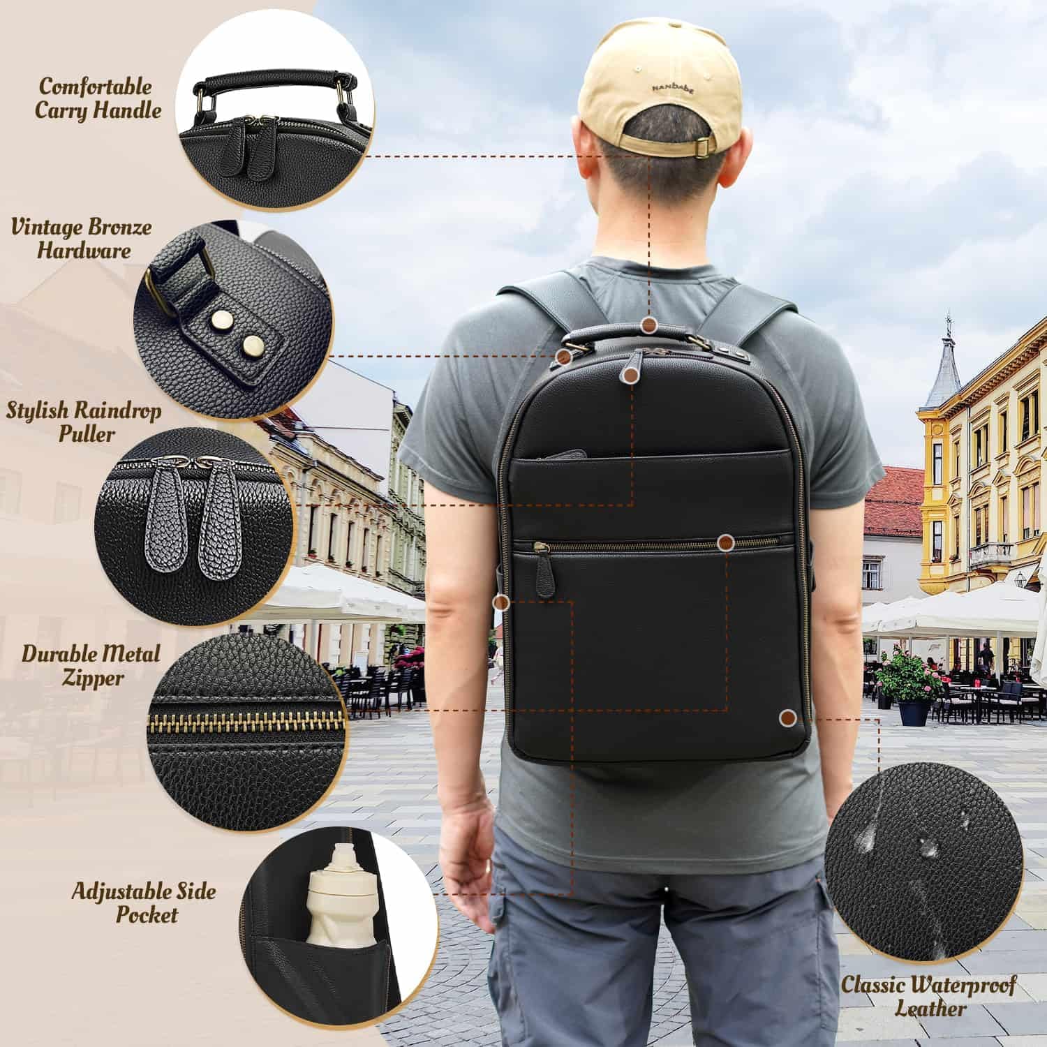 Camera Backpack Classic PU Leather with 15 Inch Laptop Compartment, Professional Camera Bag for Photographers for DSLR Large 20L Black