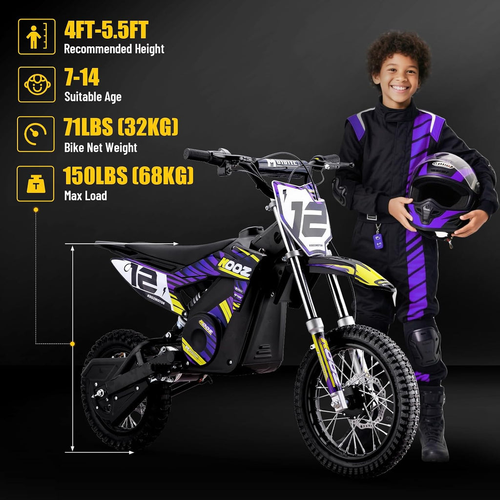 KOOZ HP112E PRO 36V 1000W Electric Dirt Bike for Kids, 3 Speed Modes Teen Electric Motorcycle Up to 20.6 MPH& 19 Miles Long-Range, Dual Suspension & Disc Brake, 16' Sturdy Tire