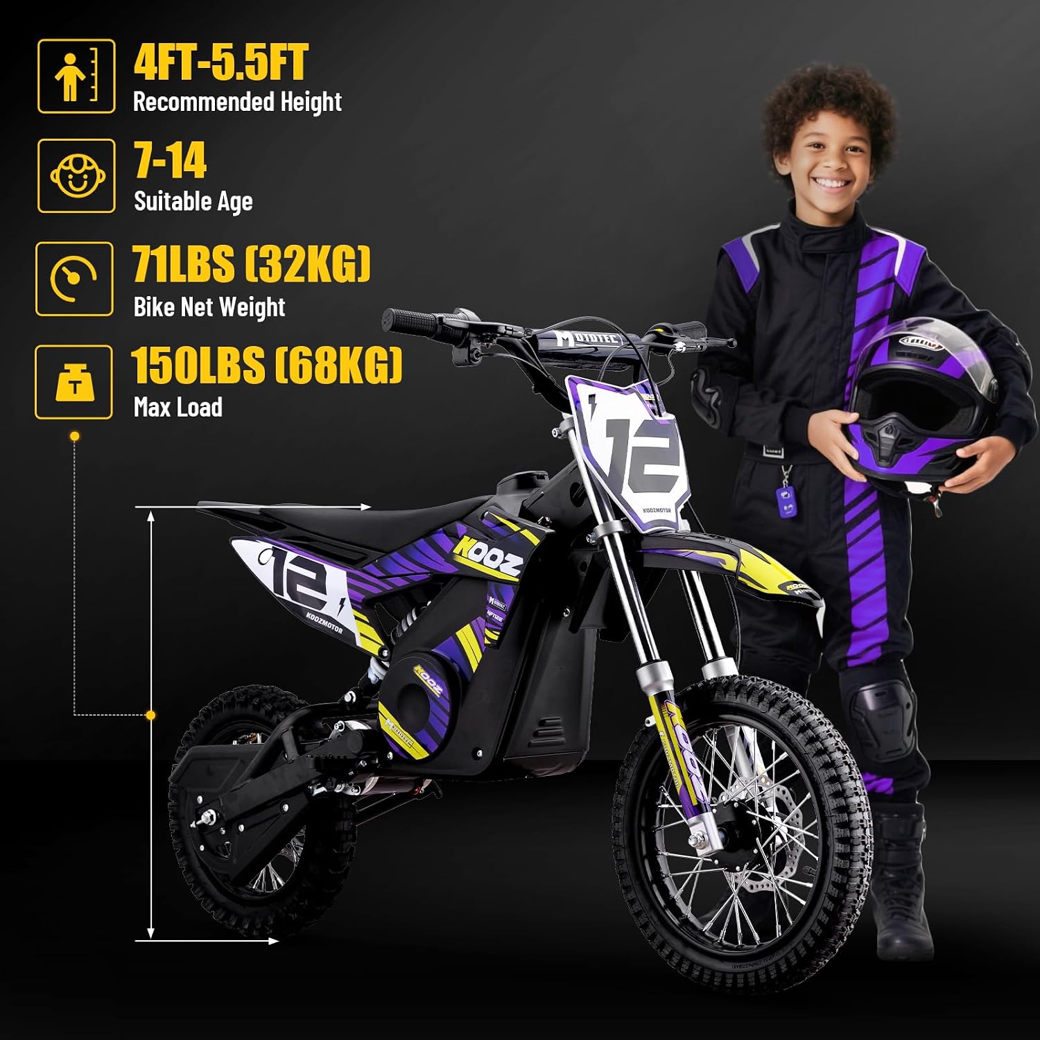 KOOZ HP112E PRO 36V 1000W Electric Dirt Bike for Kids, 3 Speed Modes Teen Electric Motorcycle Up to 20.6 MPH& 19 Miles Long-Range, Dual Suspension & Disc Brake, 16' Sturdy Tire