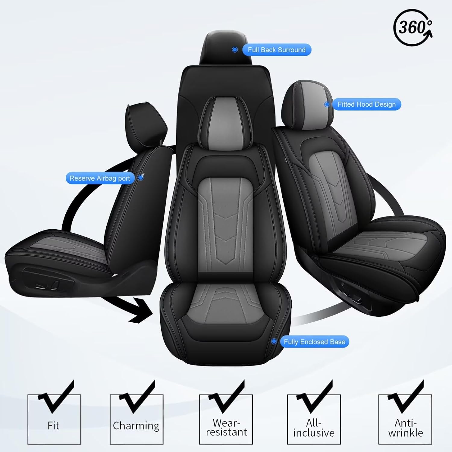 2 Front Seat Covers Fit for Jeep Grand Cherokee 2005-2026, Premium Leather Car Seat Covers, Waterproof & Airbag-Compatible Seat Cushion Automotive Seat Protectors(2 Seats, Black & Grey)