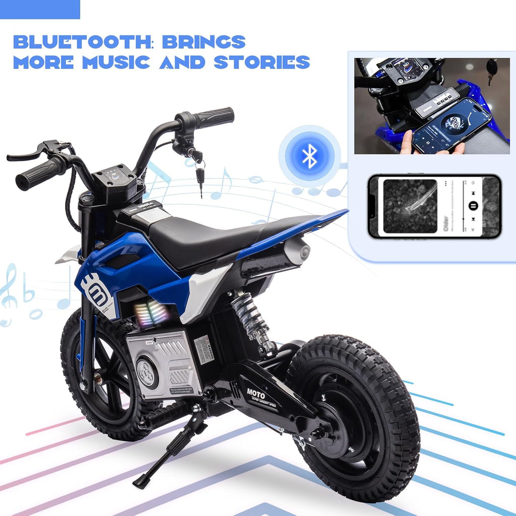 WEEROCK 24V Kids Electric Dirt Bike for 5-15 Years Old, 200W Ride on E-Motorcycle 3.11-9.32MPH Speed, Rear Shock Absorber, LED Breath Lamp, Bluetooth for Boys Girls Children Electria Toy Gift, Blue