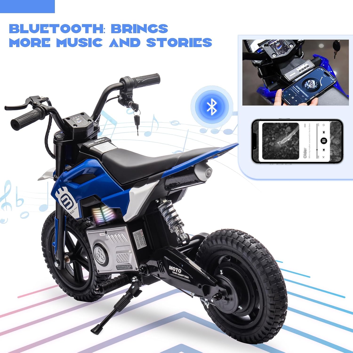 WEEROCK 24V Kids Electric Dirt Bike for 5-15 Years Old, 200W Ride on E-Motorcycle 3.11-9.32MPH Speed, Rear Shock Absorber, LED Breath Lamp, Bluetooth for Boys Girls Children Electria Toy Gift, Blue