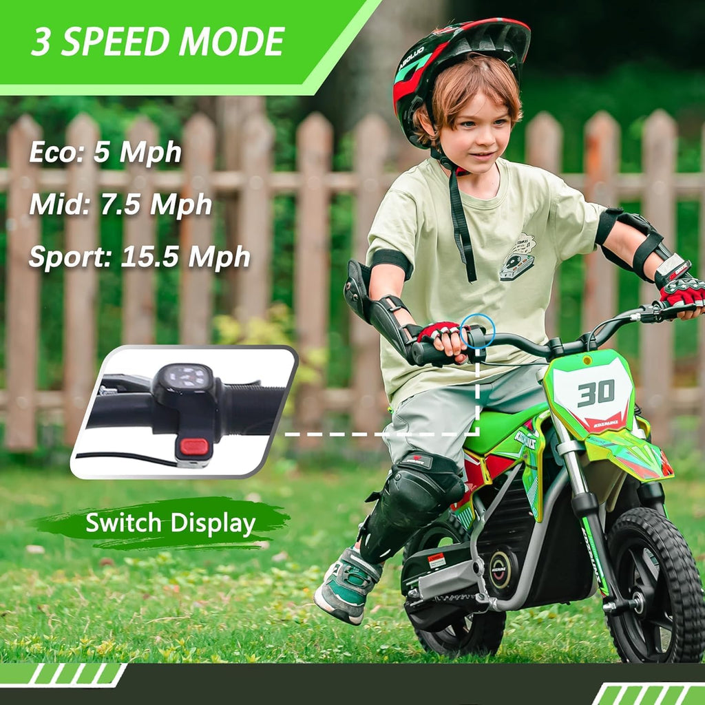 OLALA 36V Electric Dirt Bike for Kids 3-6, 250W Brushless Motor with 3-Speed Control, 15.5 MPH Max Speed, 12' Off-Road Tires Motorcycle, for Boys & Girls, Green