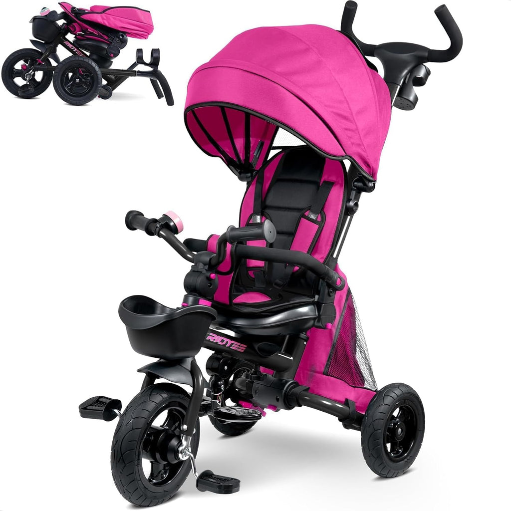 RIDYEE 7-in-1 Folding Toddler Tricycle for 18 Months to 5 Years, Tricycle Stroller with Dual Brakes, All-Terrian Rubber Tire, Tricycle for Toddlers with Rotatable Seat, Adjustable Push Handle, Pink