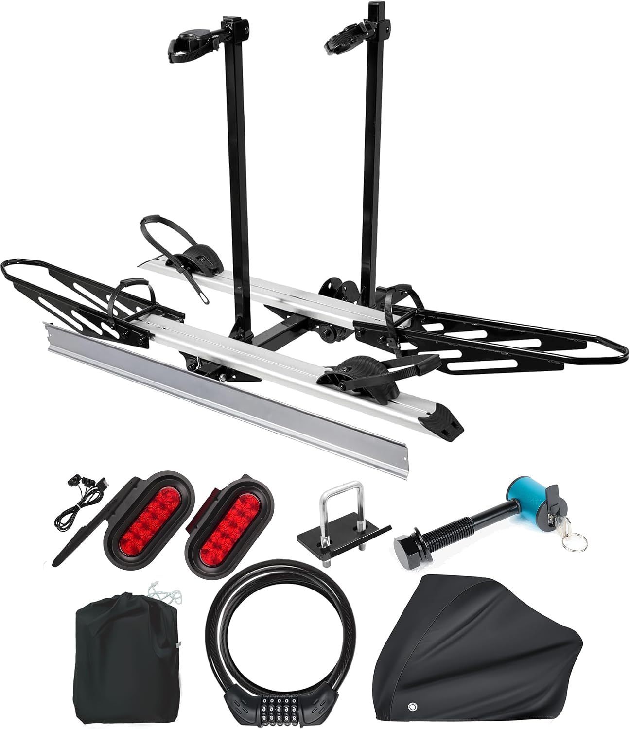 RokRack X Foldable 2 Ebike Rack with Ramp, 200 lbs Capacity Electric Bike Platform Mount, Hitch Bike Rack for Car SUV with Brake Light, Hitch Stabilizer, Lock Pin, Rain Cover & Lock