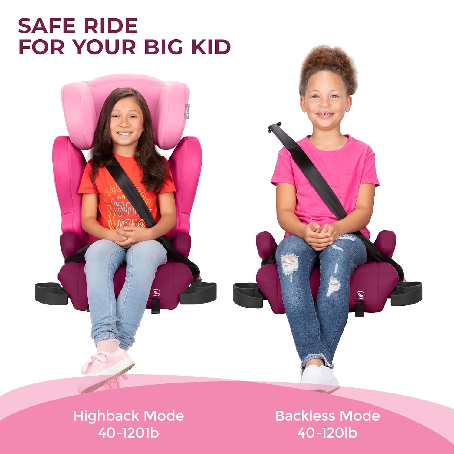 Diono Cambria LE, 2-in-1 Belt Positioning Booster Seat,Backless and High-Back Booster seat for Children from 40—120 lb,17' Wide,6 Headrest Positions,Lightweight with Latch,Pink