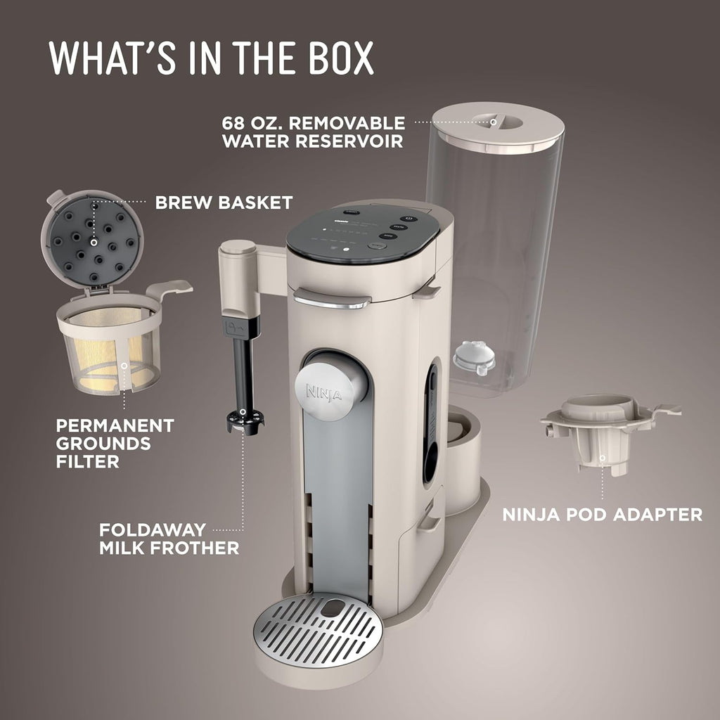 Ninja Pod & Grounds | Coffee Maker | XL Single-Serve | K-Cup Pod Compatible | Brews Grounds | Compact Design | Built-In Milk Frother | 68-oz. Reservoir, 6-oz. Cup to 24-oz. Mug Sizes | Stone |PB055AST