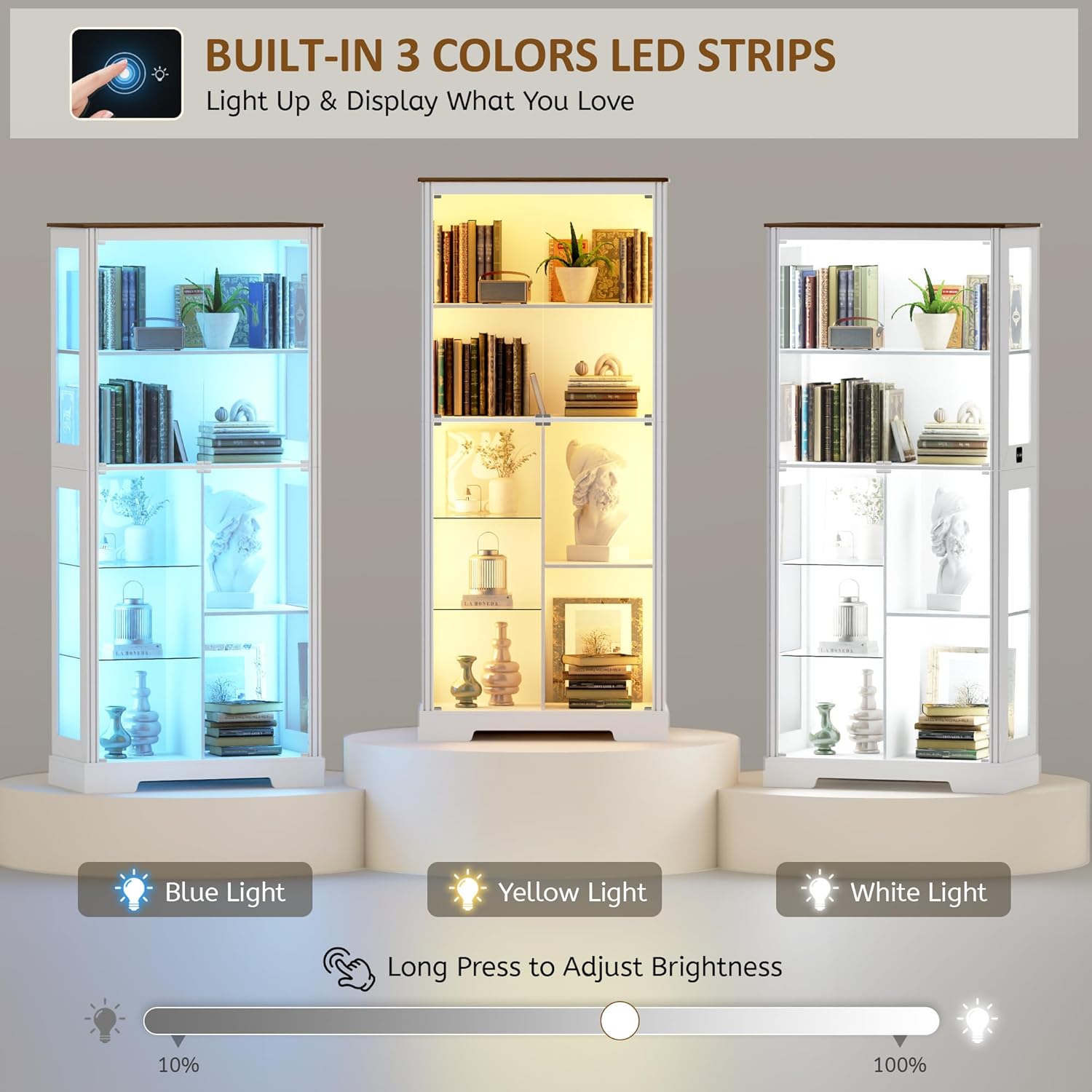Lvifur Display Cabinet with Glass Doors, Modern Curio Cabinet with 3 Color Lights, 7-Tiers Glass Display Cases for Collectibles, Tall Storage Cabinet with Human Body Sensor for Living Room (White)