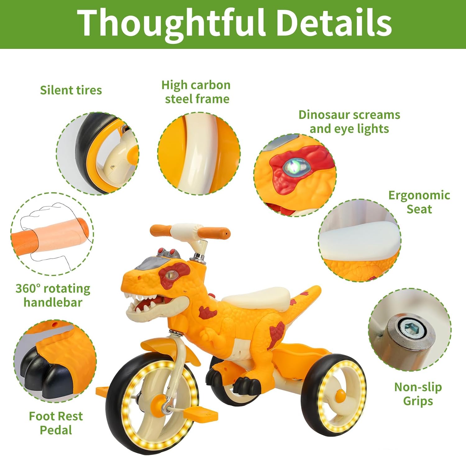 Dinosaur Kids Tricycle for Rider- Toddlers Kid Trike Bike Big Wheel with Music, Storage Basket,Light Wheel, Indoor/Outdoor Preschool Daycare Kids Bike,Best Gift for 3-7 Year Old Girls & Boys (Yellow)