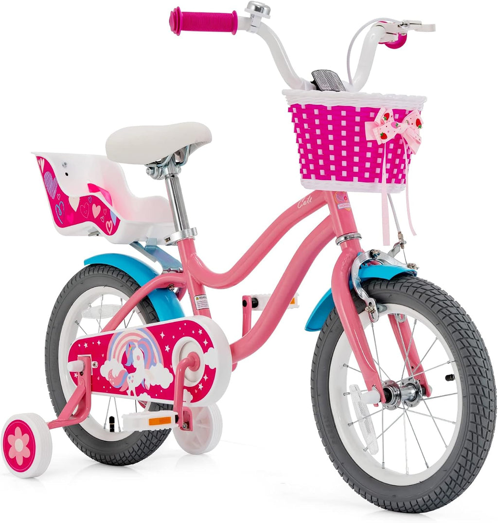 BABY JOY Kids Bike, 12 14 16 18 20 Inch Girls Bike w/Detachable Training Wheels or Kickstand, Storage Basket, Adjustable Seat & Handlebar, Bow or Streamer, Children Bicycle for 3-8 Years Old