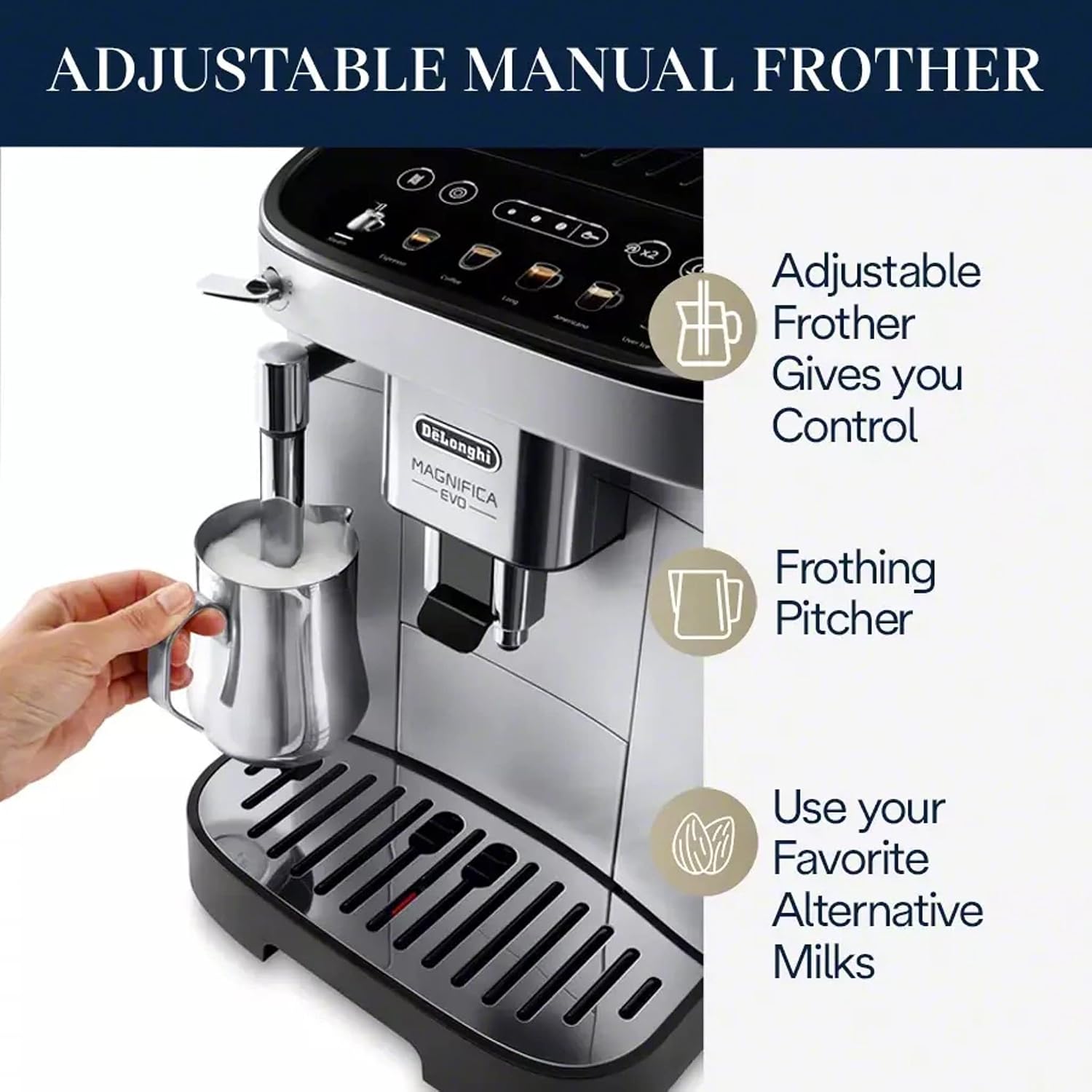 De'Longhi Magnifica Evo Automatic Espresso & Coffee Machine with Manual Milk Frother, Built-in Grinder & Auto-Clean Function - For Latte, Cappuccino, Americano, Iced Coffee, ECAM29043SB