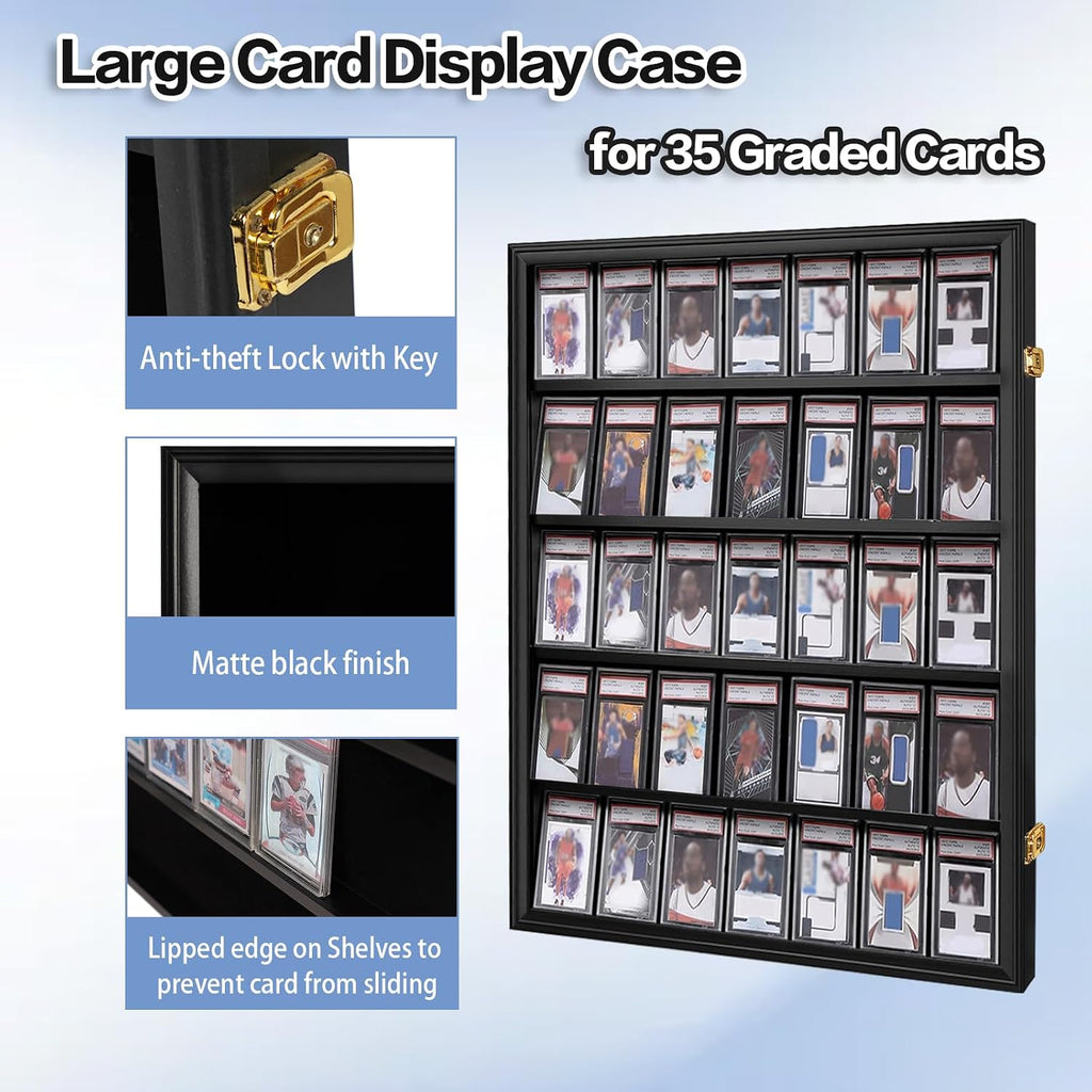 35 Graded Sports Card Display Case 3 Pack with UV Protection Lockable Wall Frame Cabinet for Basketball Football Baseball Hockey Trading Cards with Gold Lock