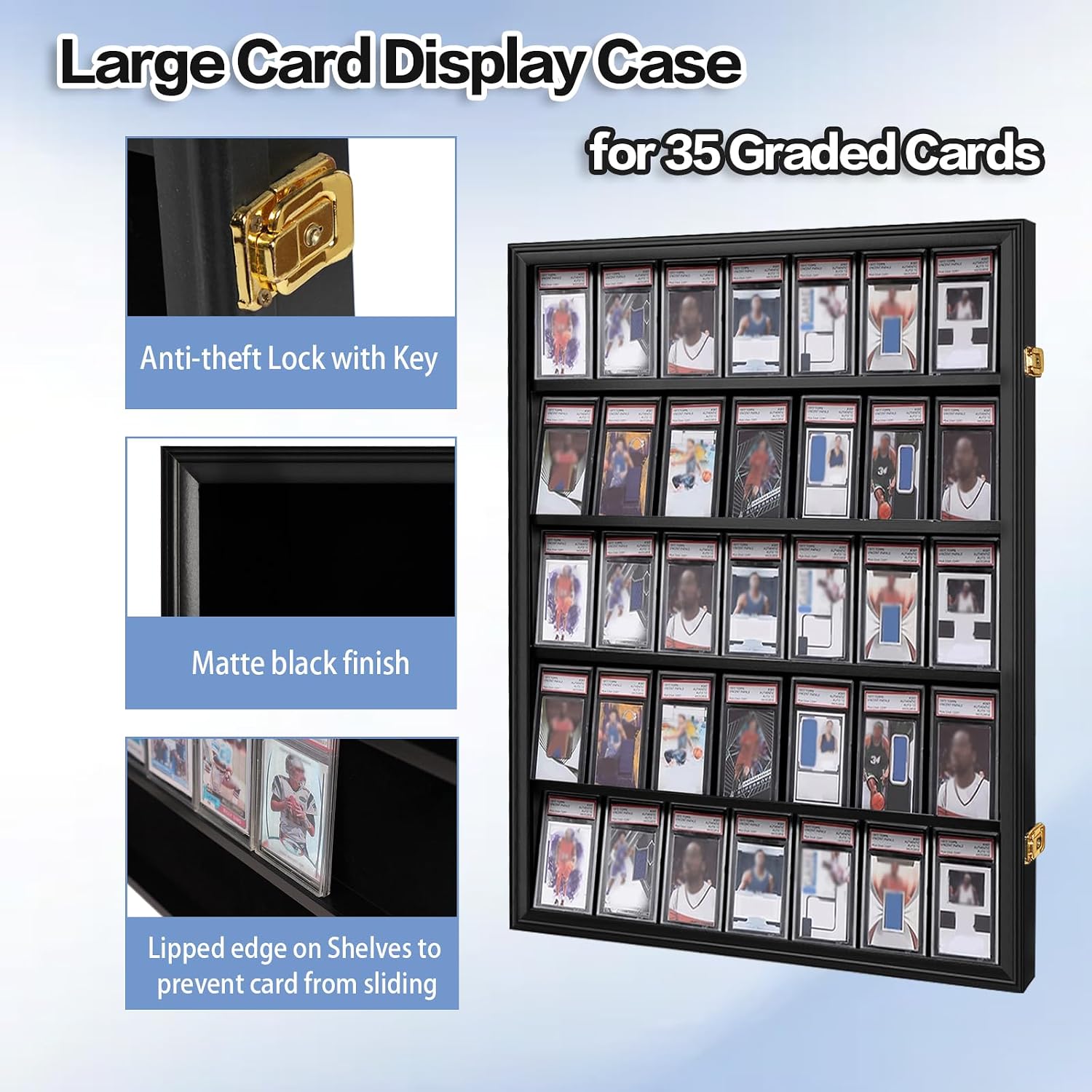 35 Graded Sports Card Display Case 3 Pack with UV Protection Lockable Wall Frame Cabinet for Basketball Football Baseball Hockey Trading Cards with Gold Lock