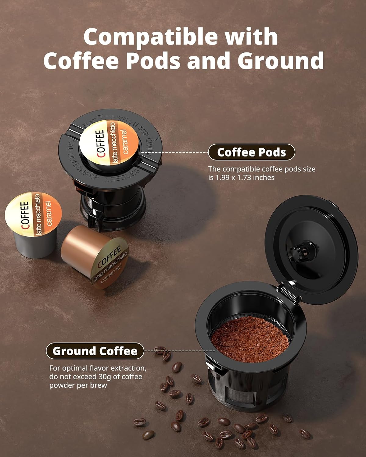 AIRMSEN Grind & Brew Coffee Maker with Built-in Grinder - Single-Serve Machine Compatible with K-Cup Pods & Ground Coffee, 1000W Fast 6-14oz Brew, Descaling Alert, Touchscreen & 50oz Removable Tank