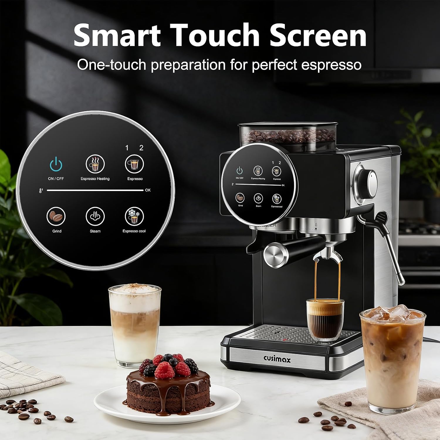 Espresso Machine with Grinder, 20 Bar Professional Expresso Coffee Machines with Milk Frother Steam Wand, Espresso Maker with 60oz Removable Water Tank, Cappuccino & Latte Machine for Home (Black)