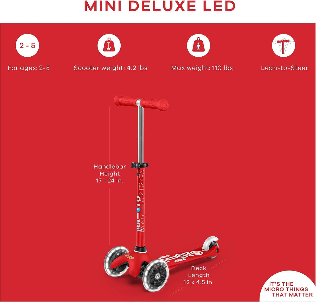 Micro Kickboard | Mini LED Kids Scooter for Ages 2-5 | Children up to 110 lbs | 3 Wheel Lean-to-Steer Design | Adjustable T Bar | Smooth Ride, Motion Activated PU LED Wheels | Swiss Design