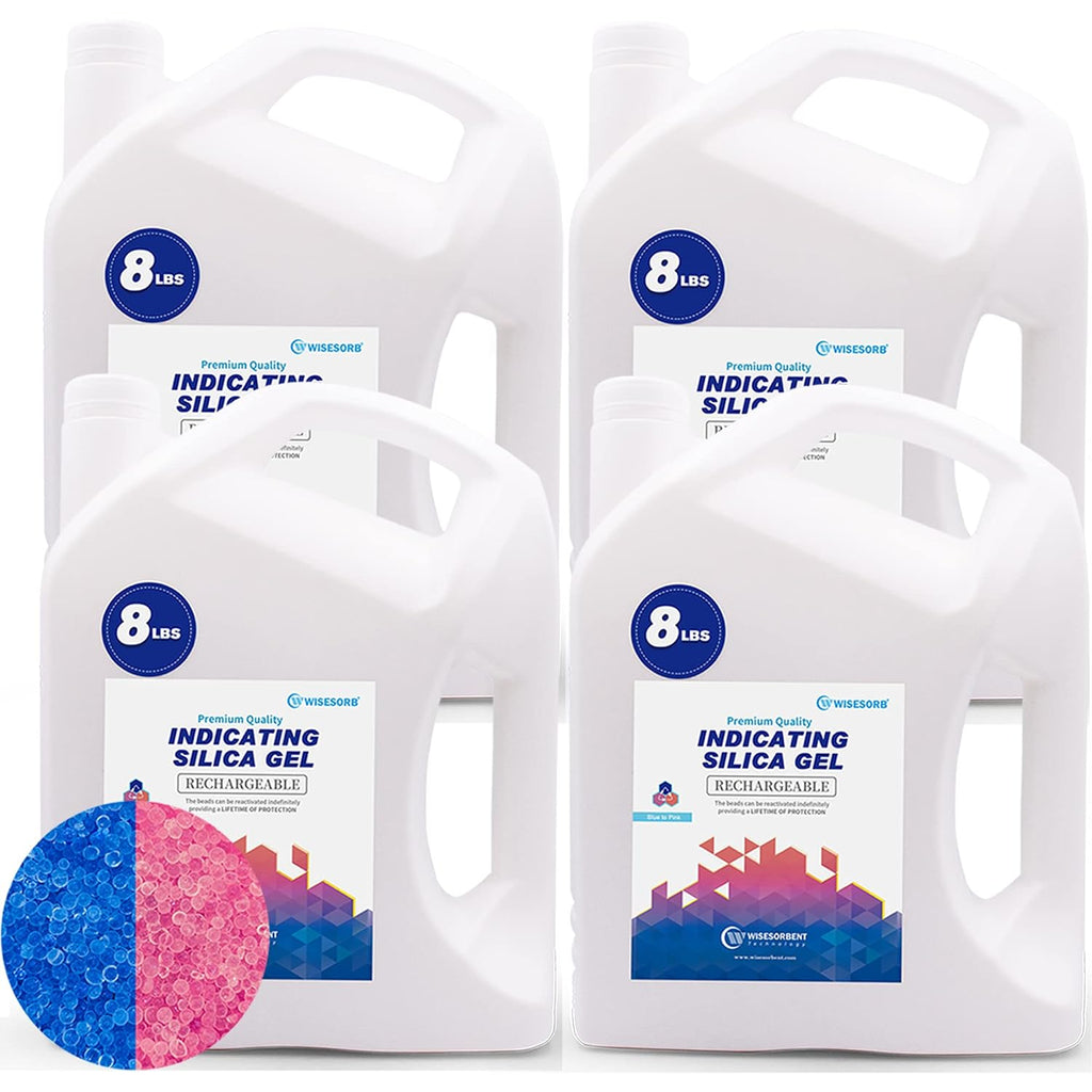 Wisesorb [Net Weight 32LBS] Blue Indicating Silica Gel Beads Desiccants - Rechargeable Desiccant Beads Silica Beads (Blue to Pink, 4 Packs of 8LBS)