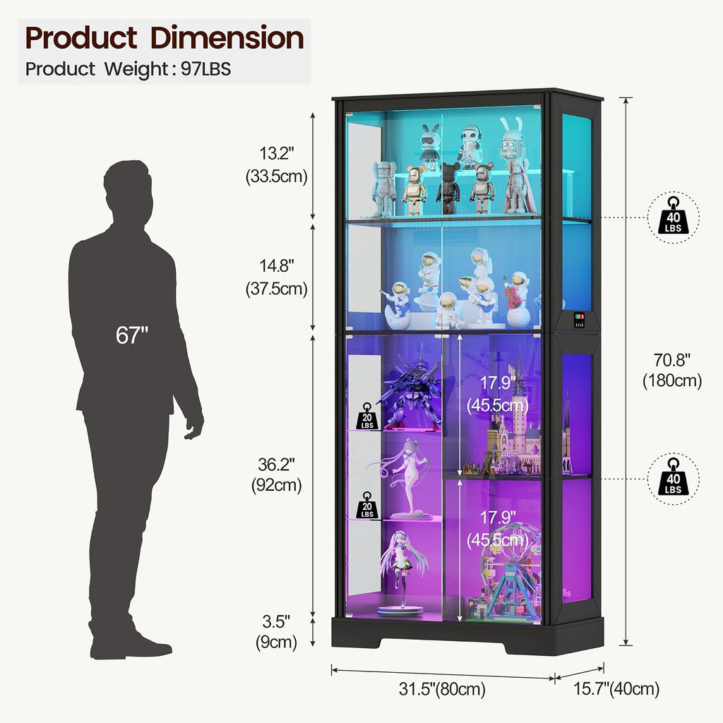 71' Glass Display Cabinet with RGB Light - Curio Cabinet with Glass Doors for Collectibles, 7-Tiers Tall Display Case with Human Sensor, Showcase with Removable Shelves for Figures, Lego (Black)