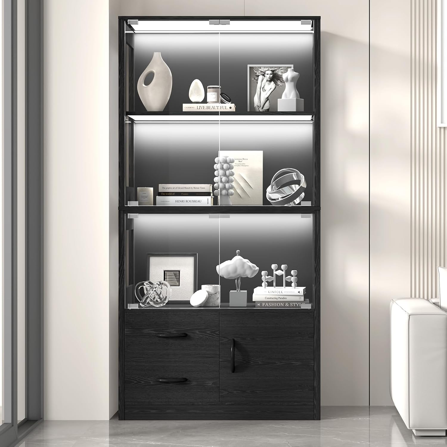 Display Cabinet with Glass Doors, 4-Tier Display Case with 3-Color Lights & Human Body Sensor, Storage Cabinets with 3 Shelves & 2 Drawers for Collectibles/Living/Dining/Game Room, Black Oak