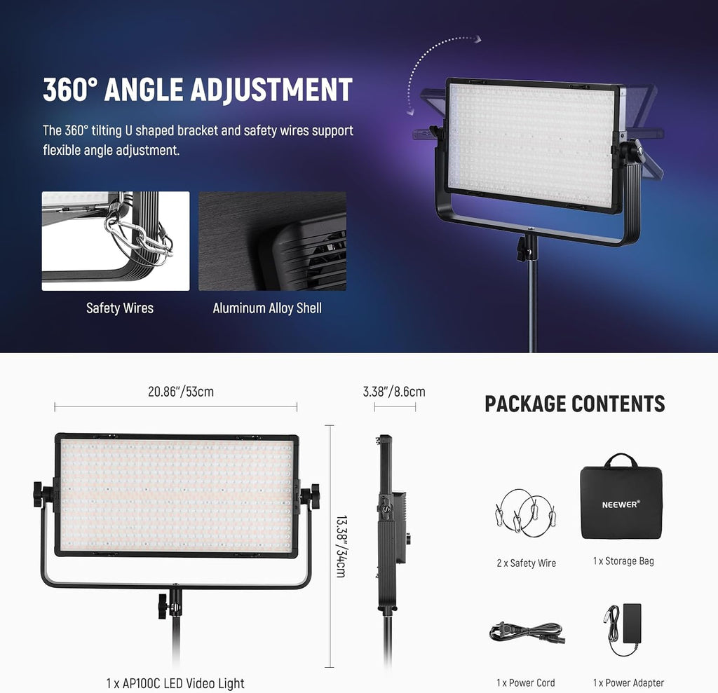 NEEWER 105W RGB LED Panel Video Light Kit with Barn Doors, 1200 LEDs 31500Lux/0.5m 2500K-10000K CRI96+/TLCI97+ Dimmable, APP/2.4G/Panel/DMX Control, Studio Photography Video Recording Lighting, AP100C