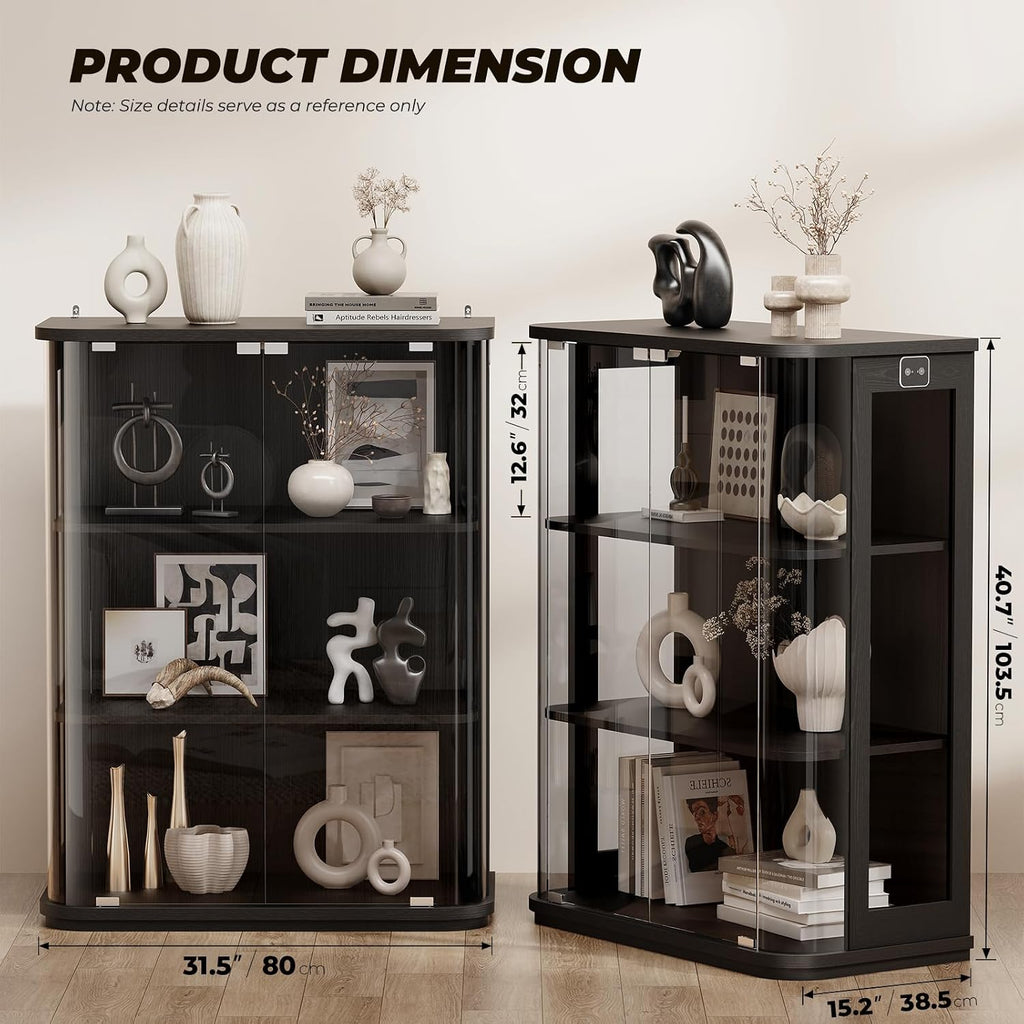 BROTTAR Rounded Display Cabinet with Glass Door, 3-Tier Curio Cabinet with 3 Color Lights for Collectibles, Glass Display Case with Transparent Full-Display Surface, Human Body Sensor, Black