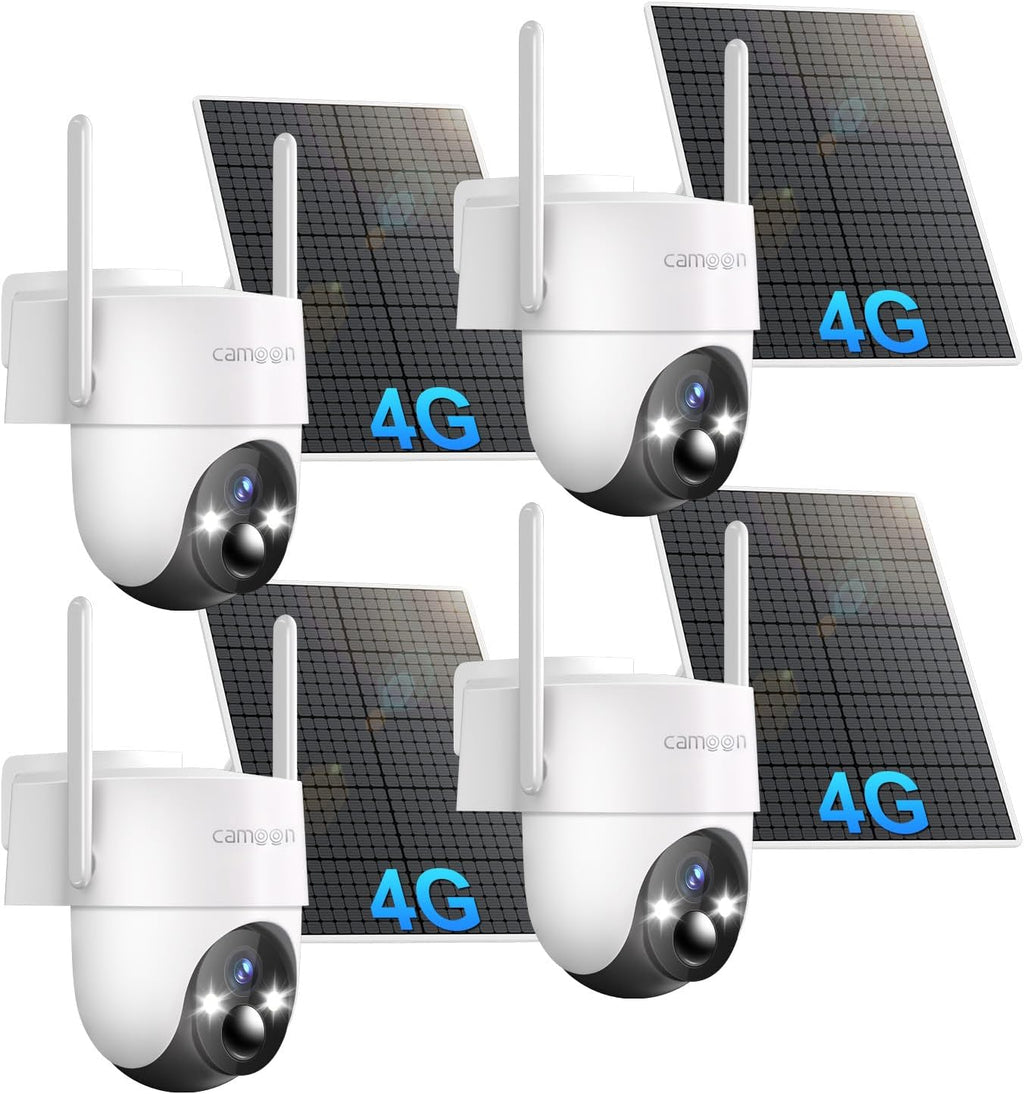 4G LTE Cellular Solar Security Camera, No WiFi Security Camera, 360° View, 2K Night Vision, PIR Detection, 2 Way Audio, Motion Alerts, Built in SIM Card, Support Verizon/AT&T/T-Mobile (4-Cam Pack)