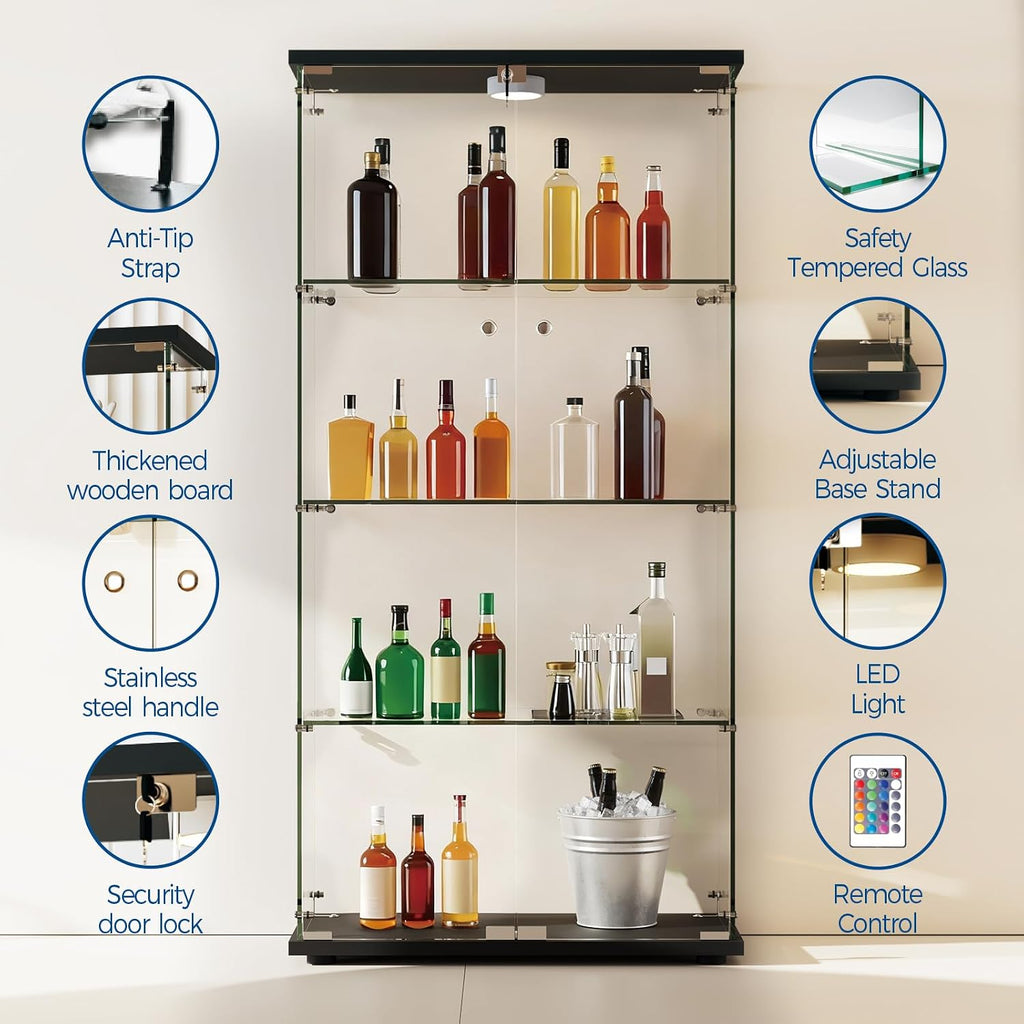 Garvee Glass Display Cabinet with LED Light, Tempered Glass Curio Collection Display Showcase with 4 Shelves and Lock, 2 Door Curio Cabinets for Living Room Bedroom Office, 64 x 31.7 x 14.3 in, Black