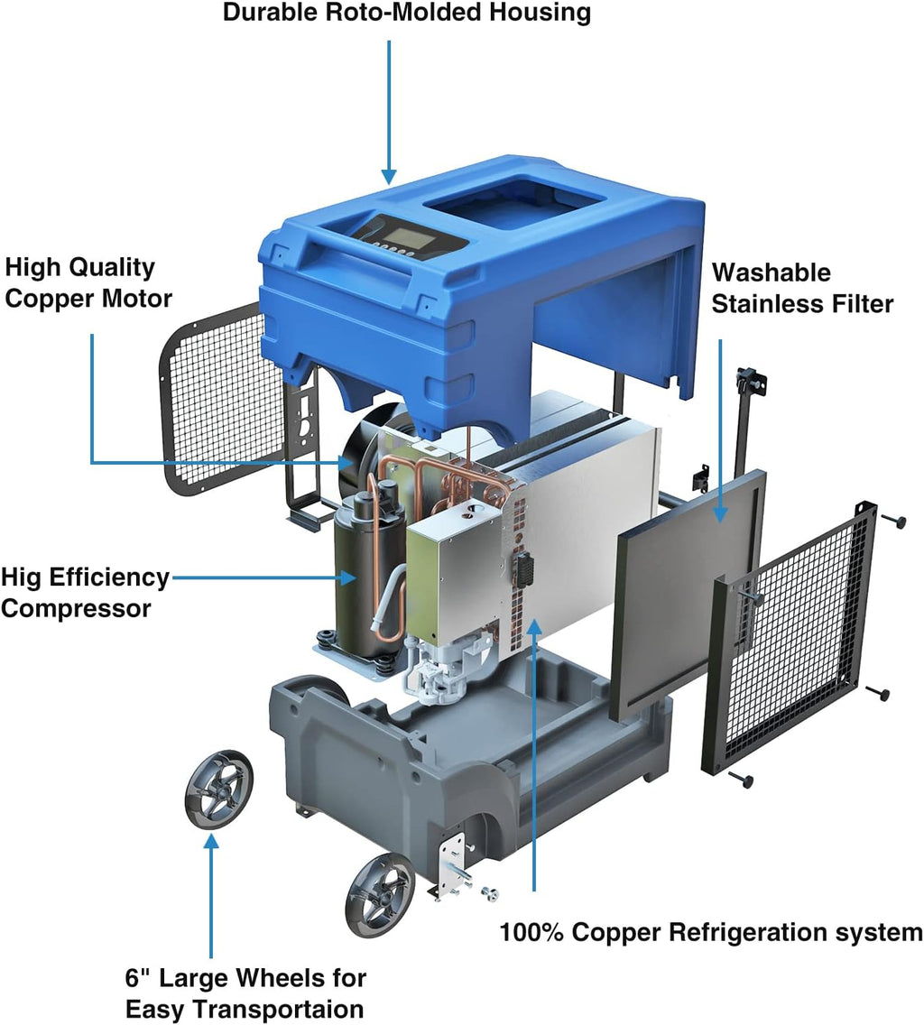 Mounto MOUNTO 268Pints LGR Commercial Compact Dehumidifier with Pump and Drain Hose, LGR Portable Dehumidifier with wheels for Home, Basements, Garages, and Job Sites (Blue)
