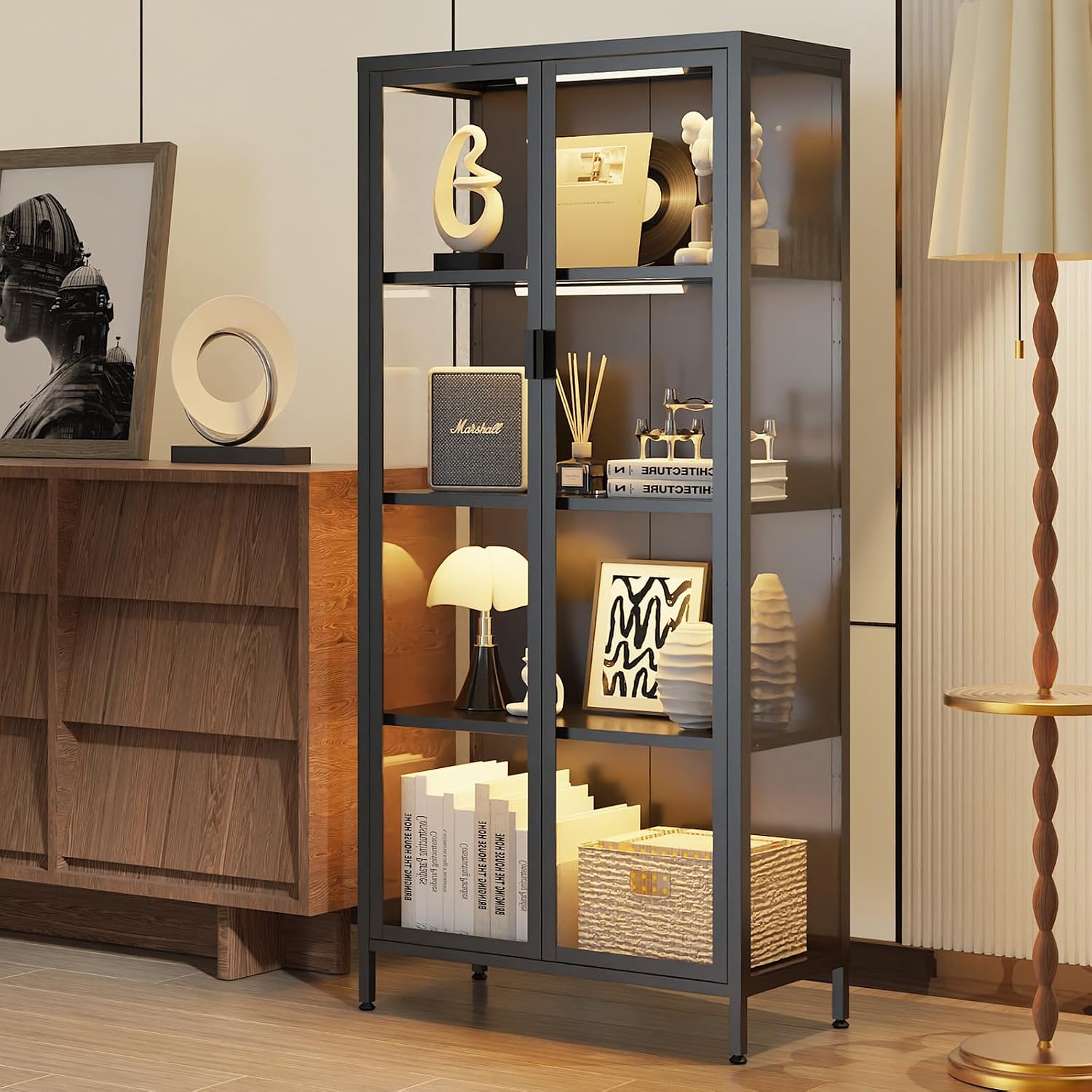 Eltean 63' H Display Cabinet with Glass Doors,4 Tiers Curio Display Case with 3 Colors LED Sensor Light,Glass Display Cabinets for Collectible with 3 Adjustable Shelves for Living Room,Bedroom,Office