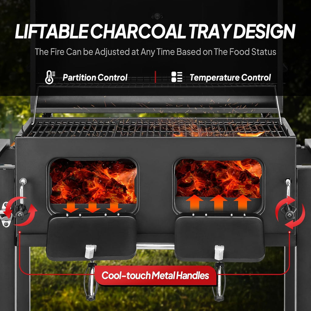 ROVSUN Charcoal Grill with Two Side Tables, Extra Large Cooking Area, Two Individual Lifting Charcoal Trays, Pull-out Ash Tray, Perfect BBQ Grill for Outdoor Picnic, Black