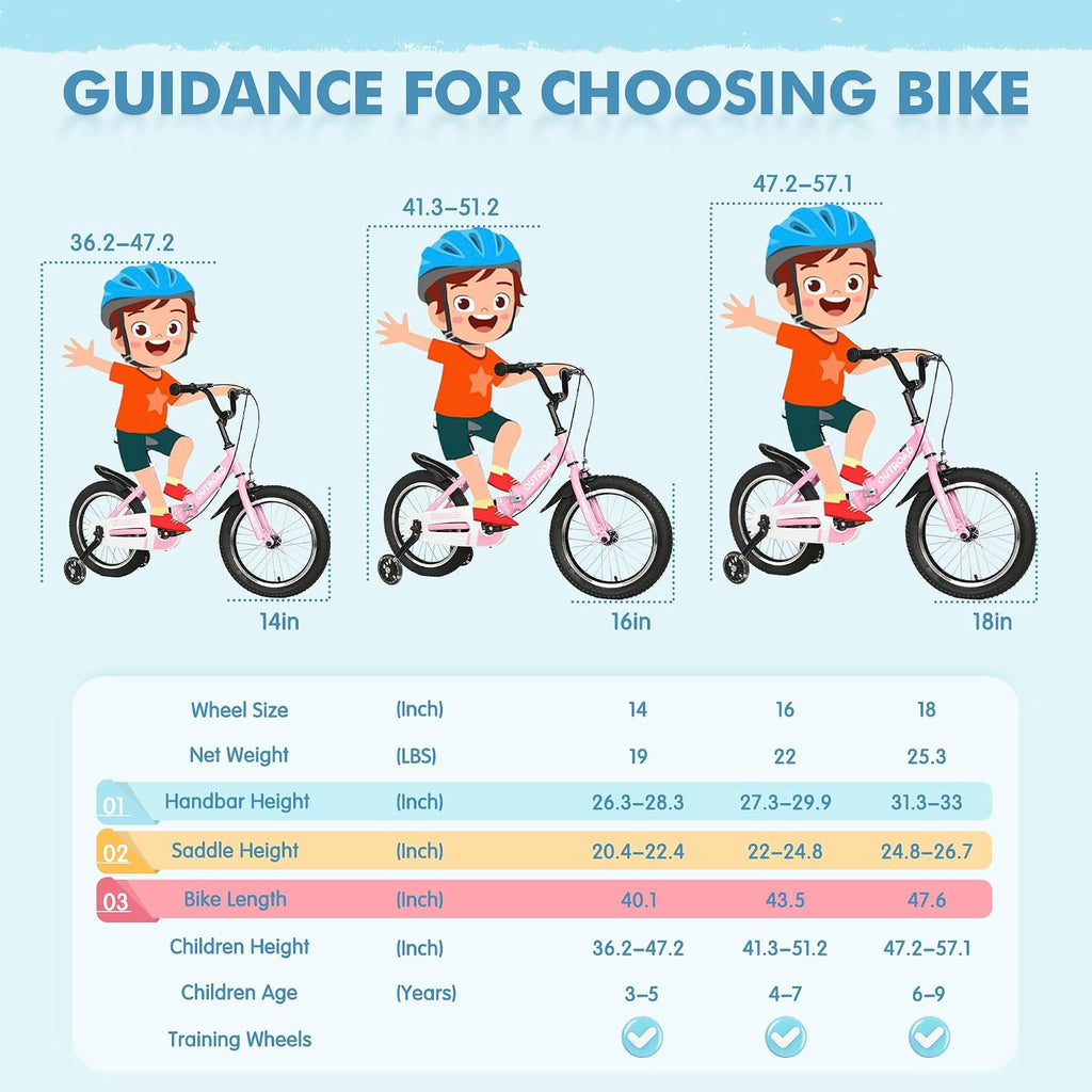SUNCROWN Kids Bike, 14 16 18 Inch Children Bicycle, Foldable Toddler Bike for Boys & Girls Age 3-10 Years with Flash Lighting Training Wheel