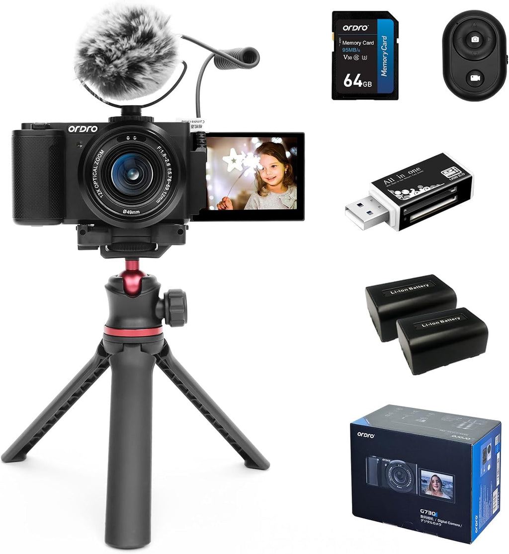 ORDRO Vlogging Camera, Digital Camera for Photography 64 MP, 12X Optical Zoom, Camera Kit: Bundle with 64GB Card, Tripod and Mic for Point and Shoot Camera