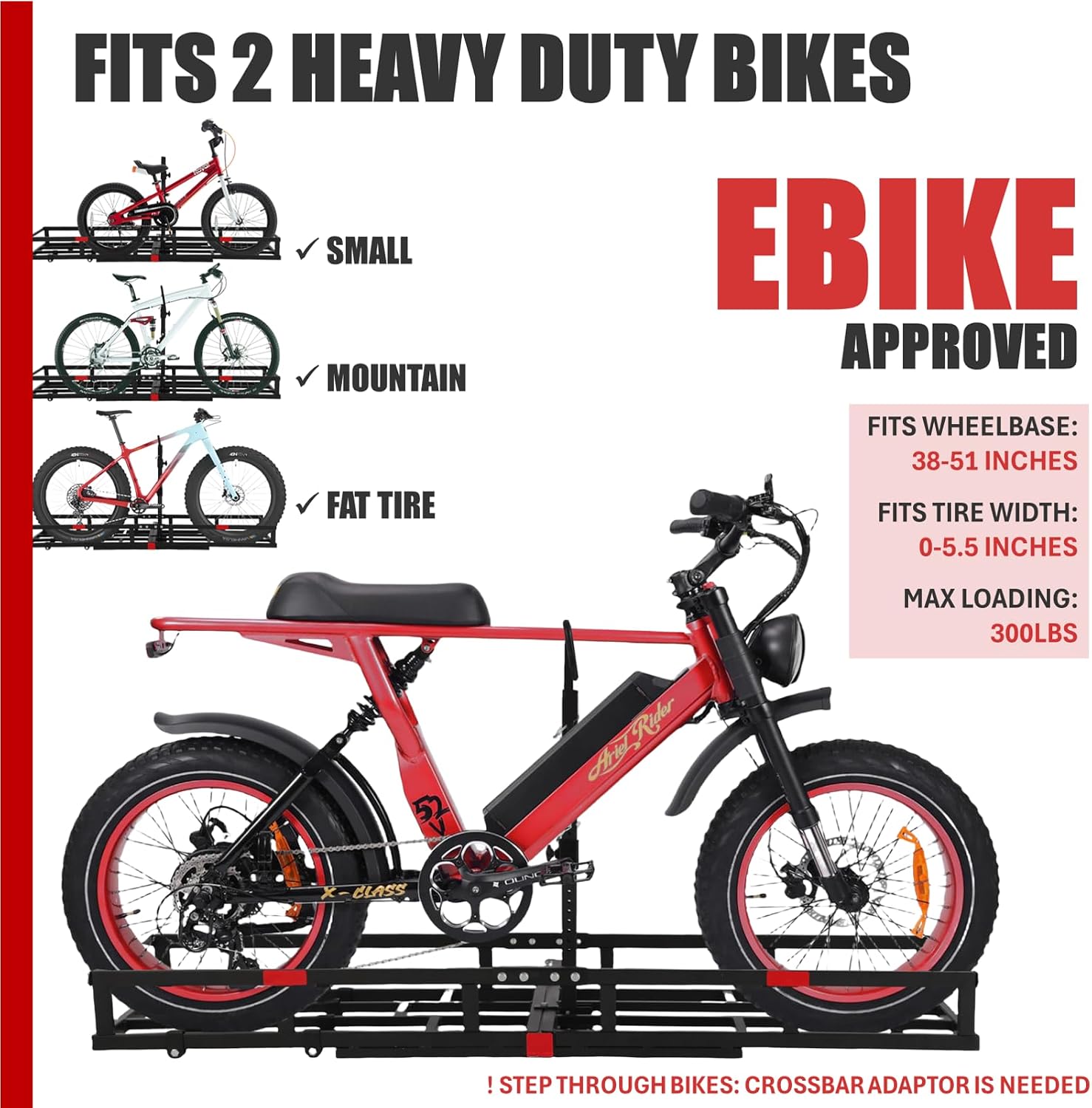Hitch-Mount Bike Rack for Ebike Heavy-Duty - Fits 2 Electric/Fat-Tire, Fits 2' Receiver for Car SUV Truck RV Minivan