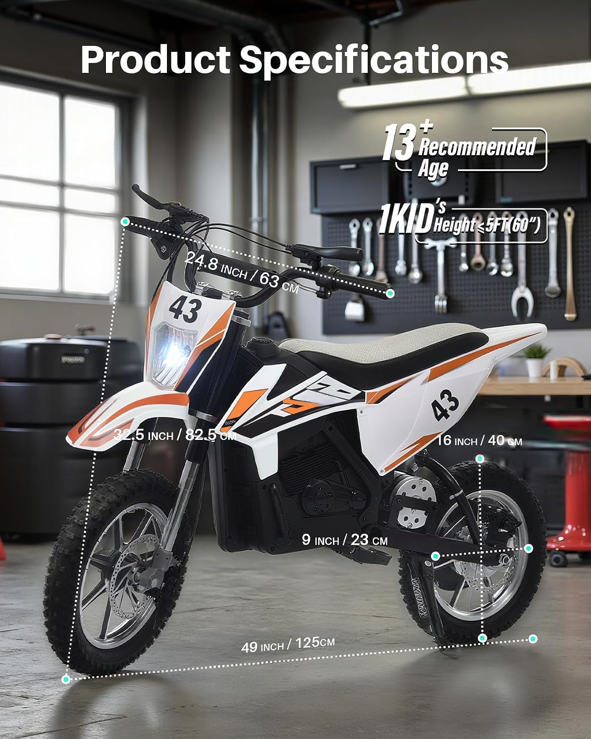 Blitzshark 36V 650W Kids Electric Dirt Bike Off-Road Motocross Ultra Powerful Motorcycle, with 17MPH MAX Speed, Rubber Tire, Twist Grip Throttle, Dual Suspension & Brakes, Leather Seat, SRK-MC20 Pro