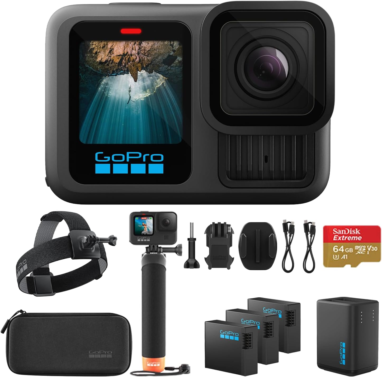 GoPro HERO13 Black Camera with 3 Enduro Batteries | Waterproof 5.3K60 Action Camera with Dual-Battery Charger & SanDisk 64GB Extreme SD Card | Head Strap 2.0 and Handler Floating Handgrip, Bundle Kit